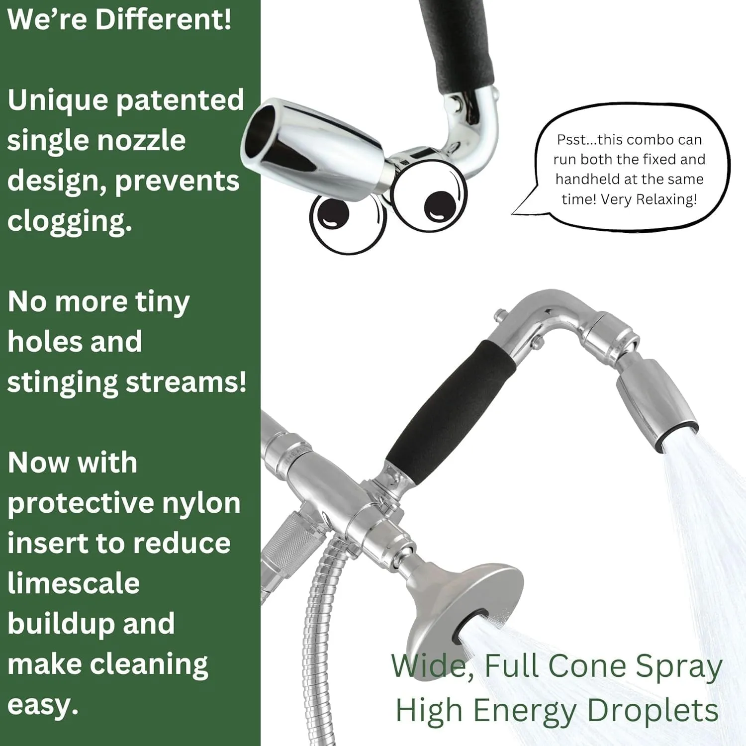 High Sierra® - Solid Metal 4-Way Combo HALF DOME® Fixed and Hanheld Shower Heads with Slipped Free Rubber Grip. Run Separately or Both at Full Flow - 1.5 GPM per Shower Head - Matte Black Finish