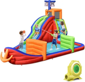 HONEY JOY Inflatable Water Slide, Giant Blow Up Water Park w/3 Foam Water Guns & Target Balls, Climbing Wall & Splash Pool, Pirate Ship Water Slide Inflates for Kids Backyard(with 735w Blower)
