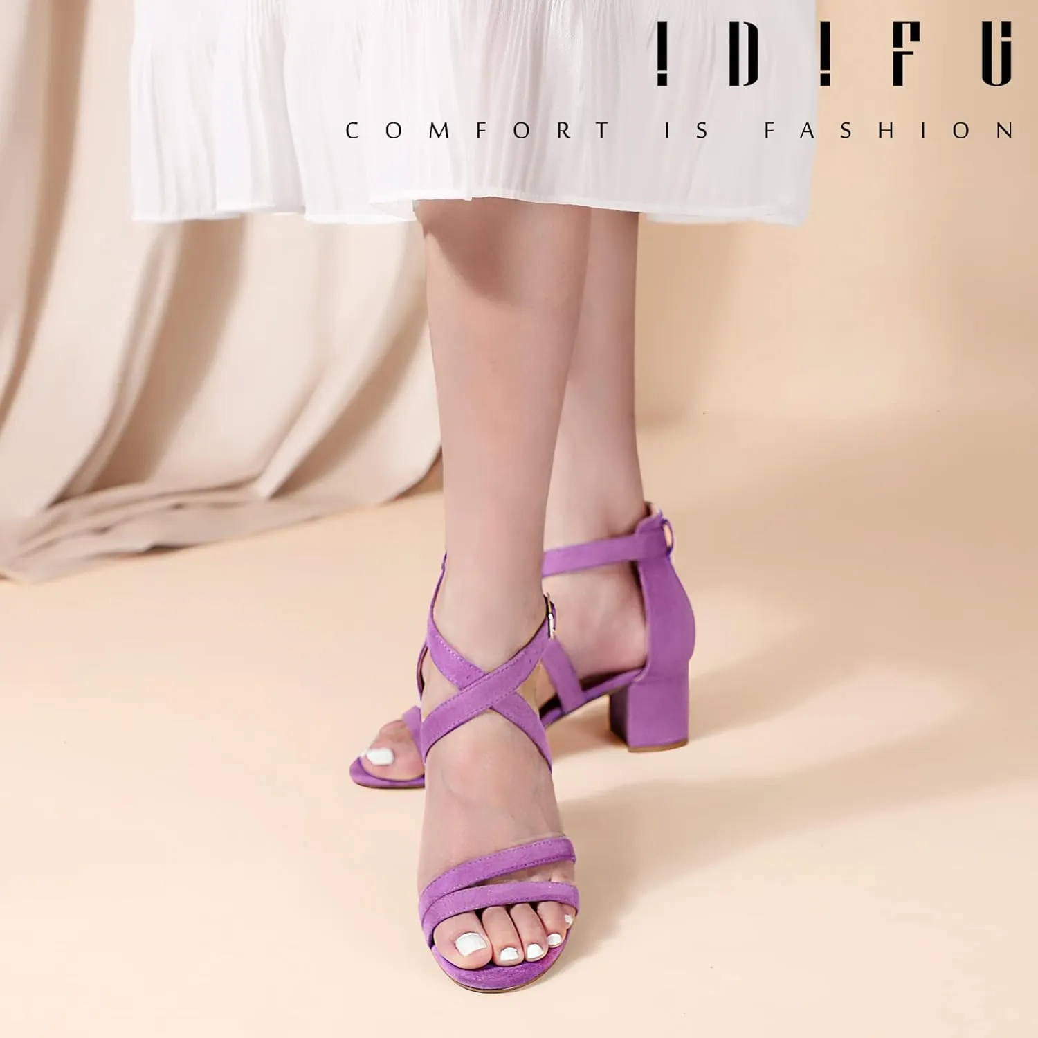 IDIFU Women's Block Low Chunky Heel Strappy Sandals Open Toe Ankle Strap Dress Wedding Evening Shoe for Women Bridal