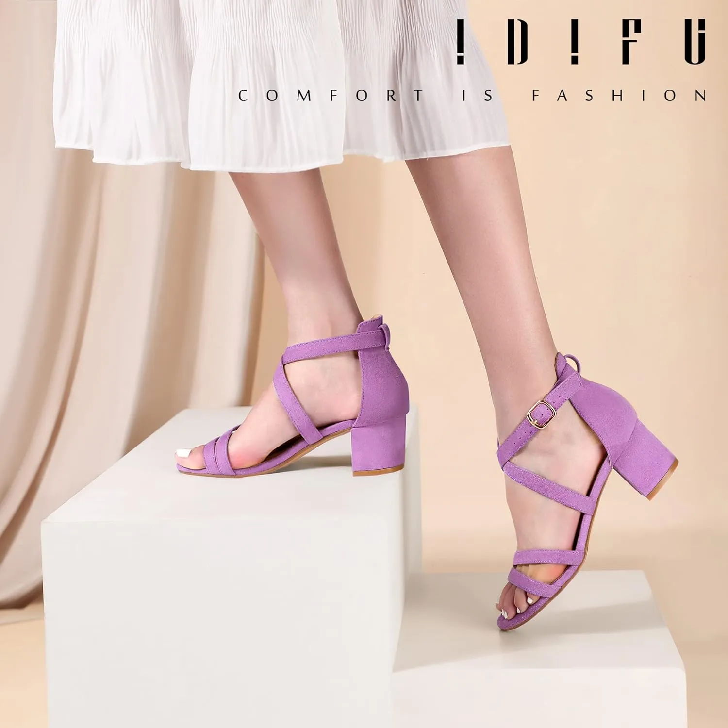 IDIFU Women's Block Low Chunky Heel Strappy Sandals Open Toe Ankle Strap Dress Wedding Evening Shoe for Women Bridal