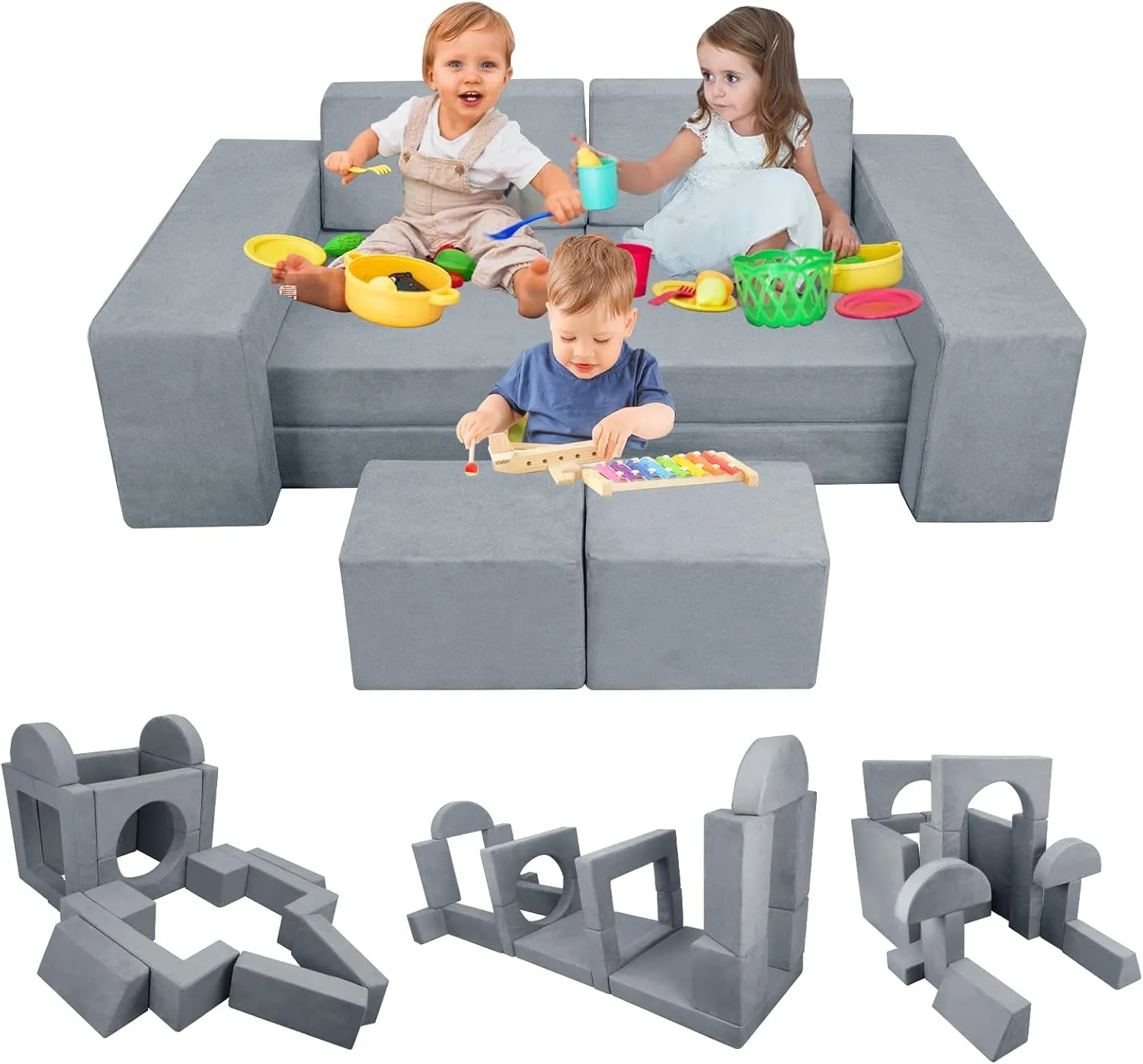 INFANZIA 16PCS Kids Play Couch, Modular Toddler Foam Sofa for Teens, Child Sectional Sofa Furniture for Playroom Bedroom, Couch Gift for Imaginative Boys and Girls