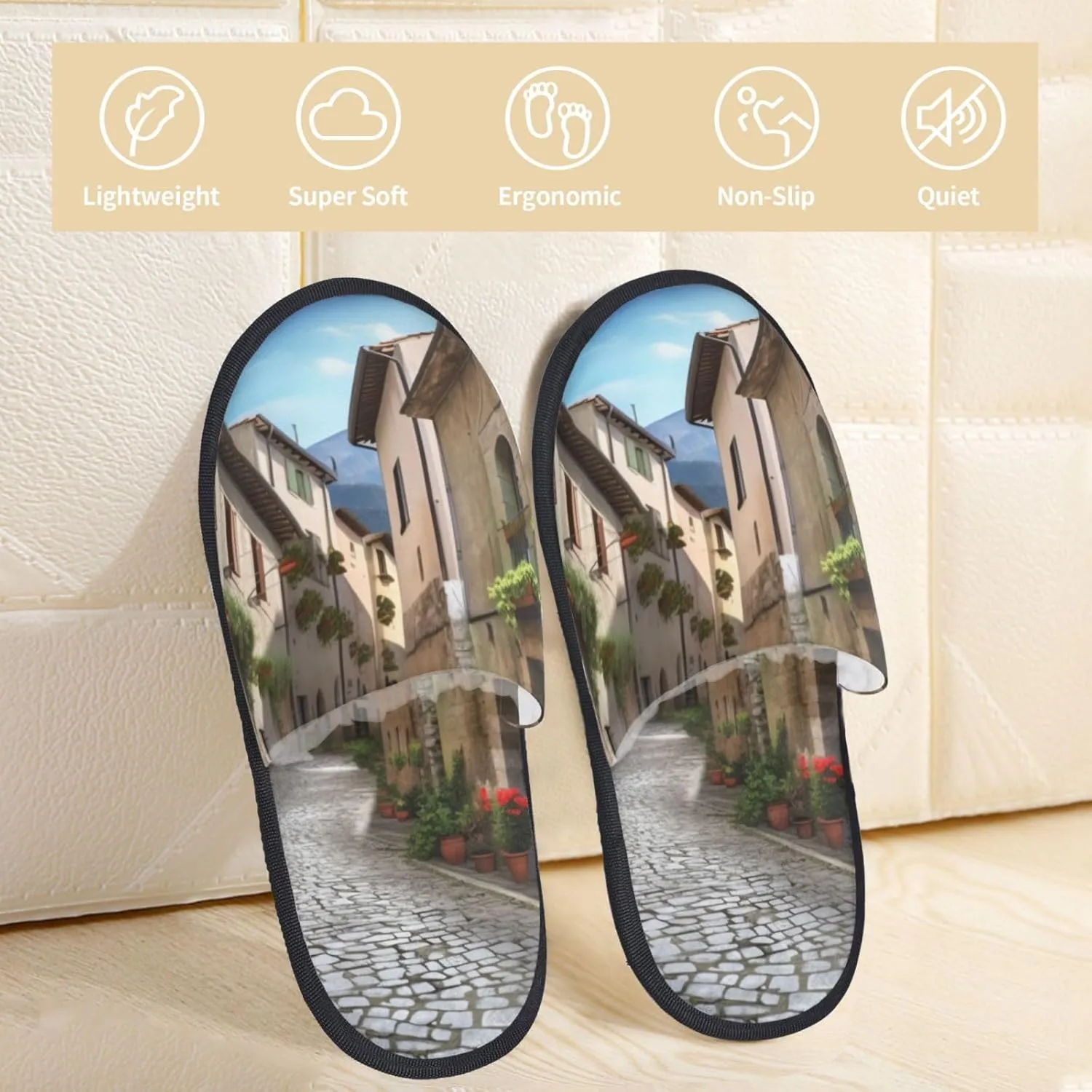 Italian Town Street Furry Slippers for Men Women Fuzzy Memory Foam Slippers Warm Comfy Slip-on Bedroom Shoes Winter House Shoes for Indoor Outdoor