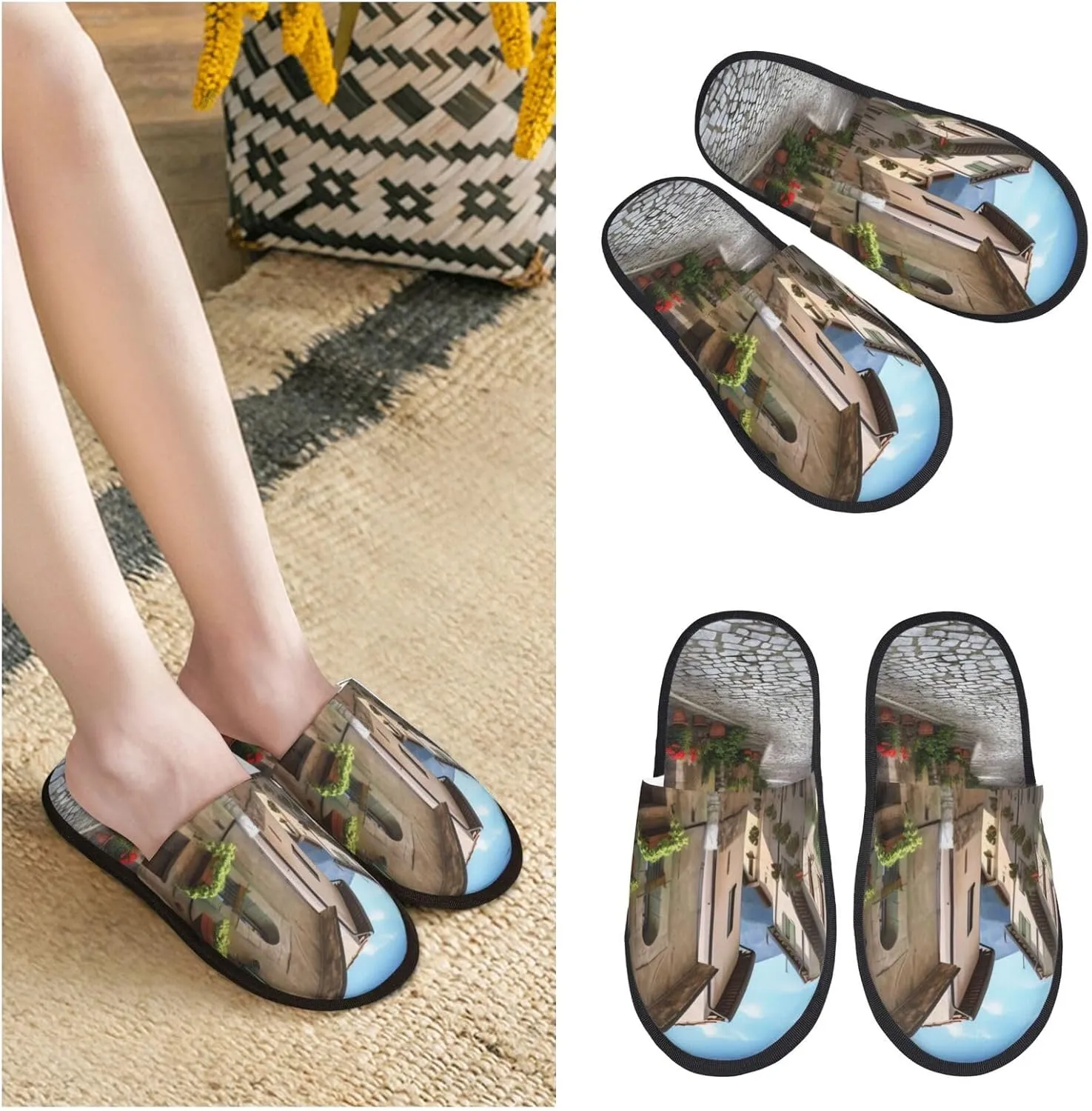 Italian Town Street Furry Slippers for Men Women Fuzzy Memory Foam Slippers Warm Comfy Slip-on Bedroom Shoes Winter House Shoes for Indoor Outdoor