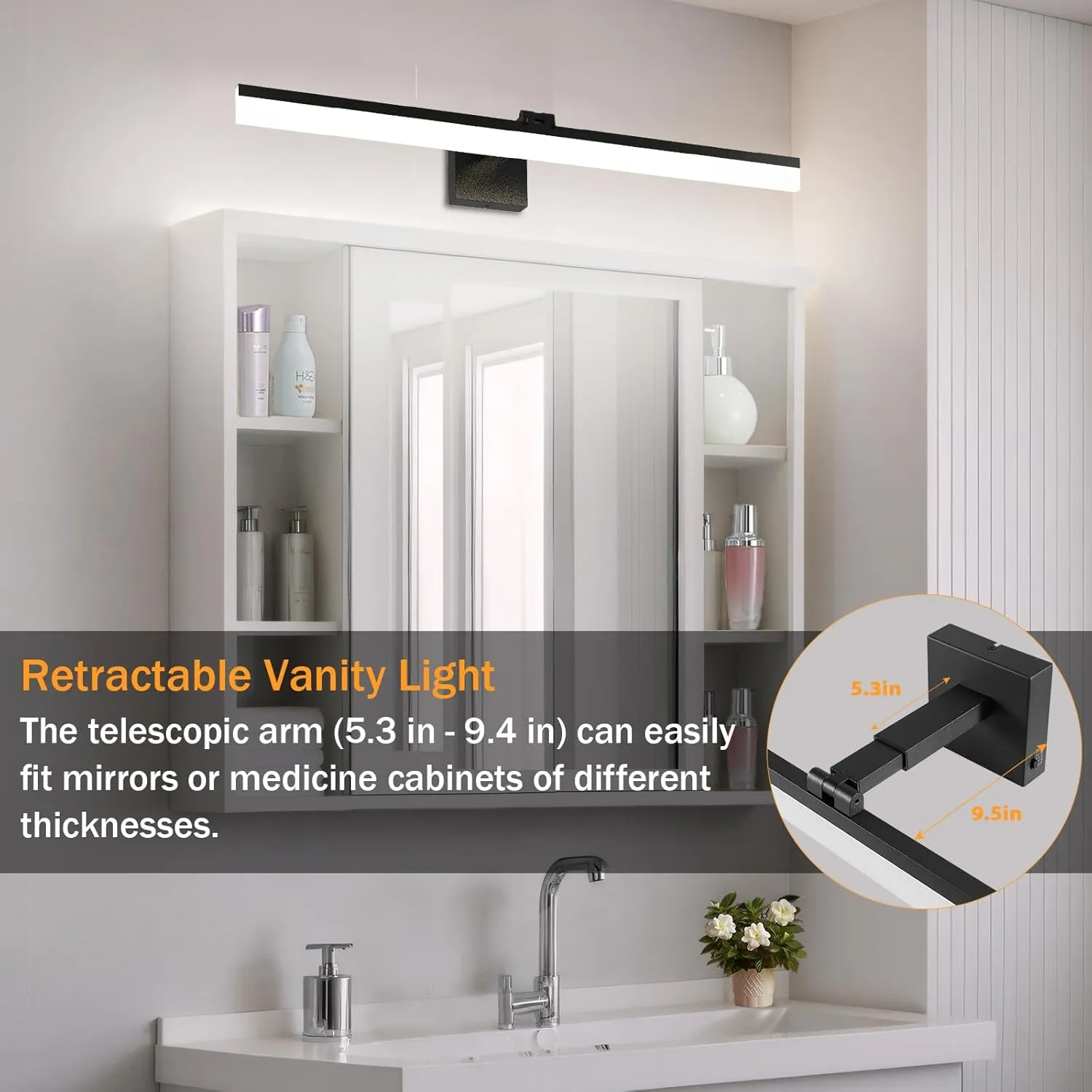 IZORRO 32 inch Modern LED Vanity Light Bar for Bathroom, IP44 (Dimmable & 5CCT & 180°Adjustable & Retractable) Black Bathroom Lighting Fixtures Over Mirror