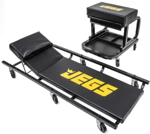 JEGS Creeper and Mechanic Seat Set | Memory Foam Padding | Black Logo | 350 LBS Capacity | 2 ½” Caster Wheels