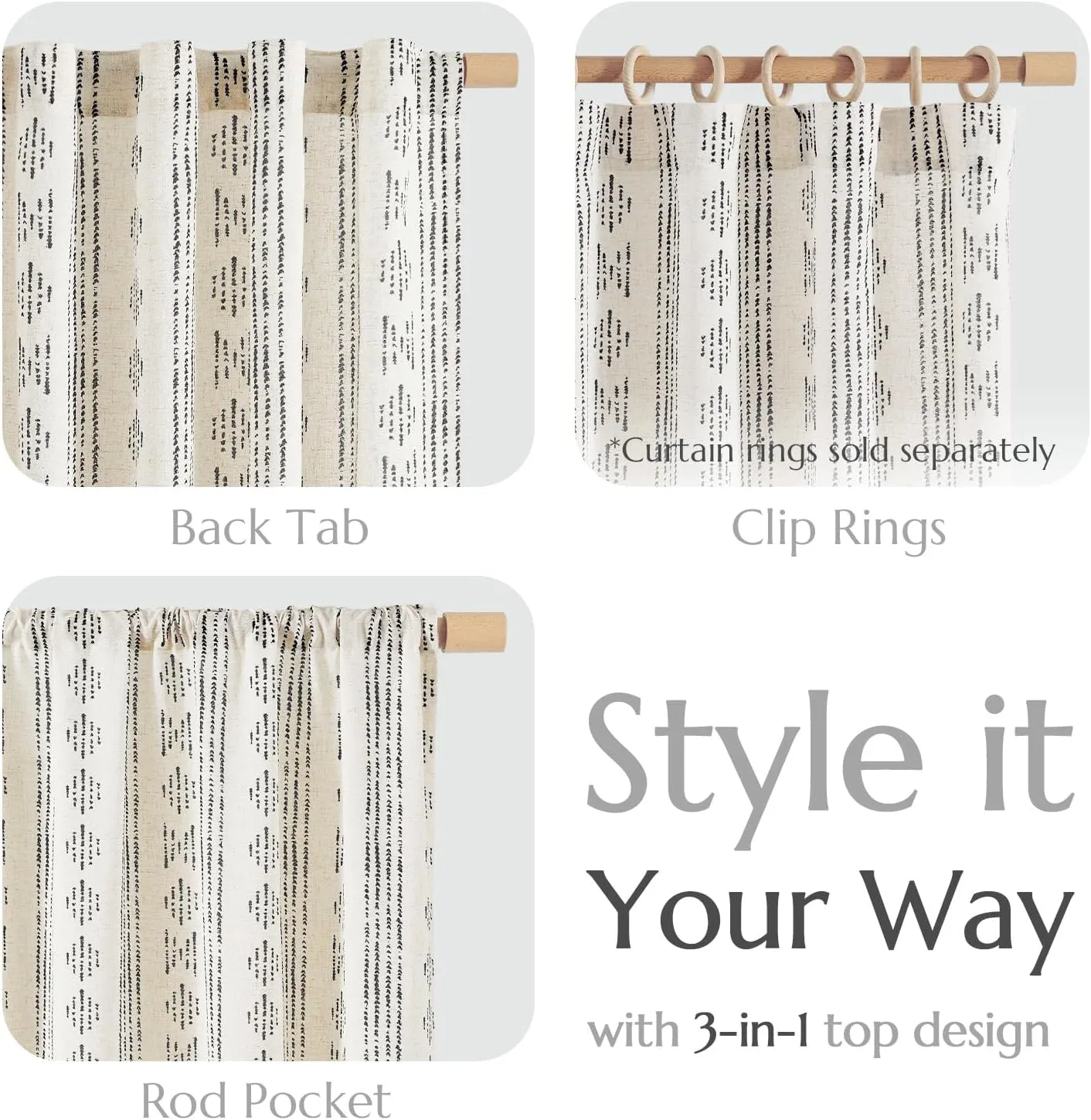 jinchan Boho Curtains for Living Room Farmhouse Black Curtains 84 Inch Length 2 Panels for Bedroom Geometric Striped Mudcloth Light Filtering Window Drapes Rod Pocket Black on Beige