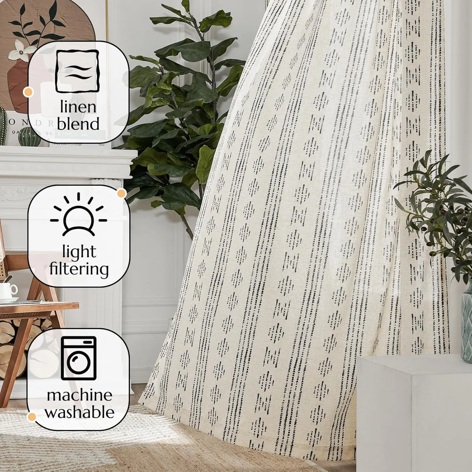 jinchan Boho Curtains for Living Room Farmhouse Black Curtains 84 Inch Length 2 Panels for Bedroom Geometric Striped Mudcloth Light Filtering Window Drapes Rod Pocket Black on Beige