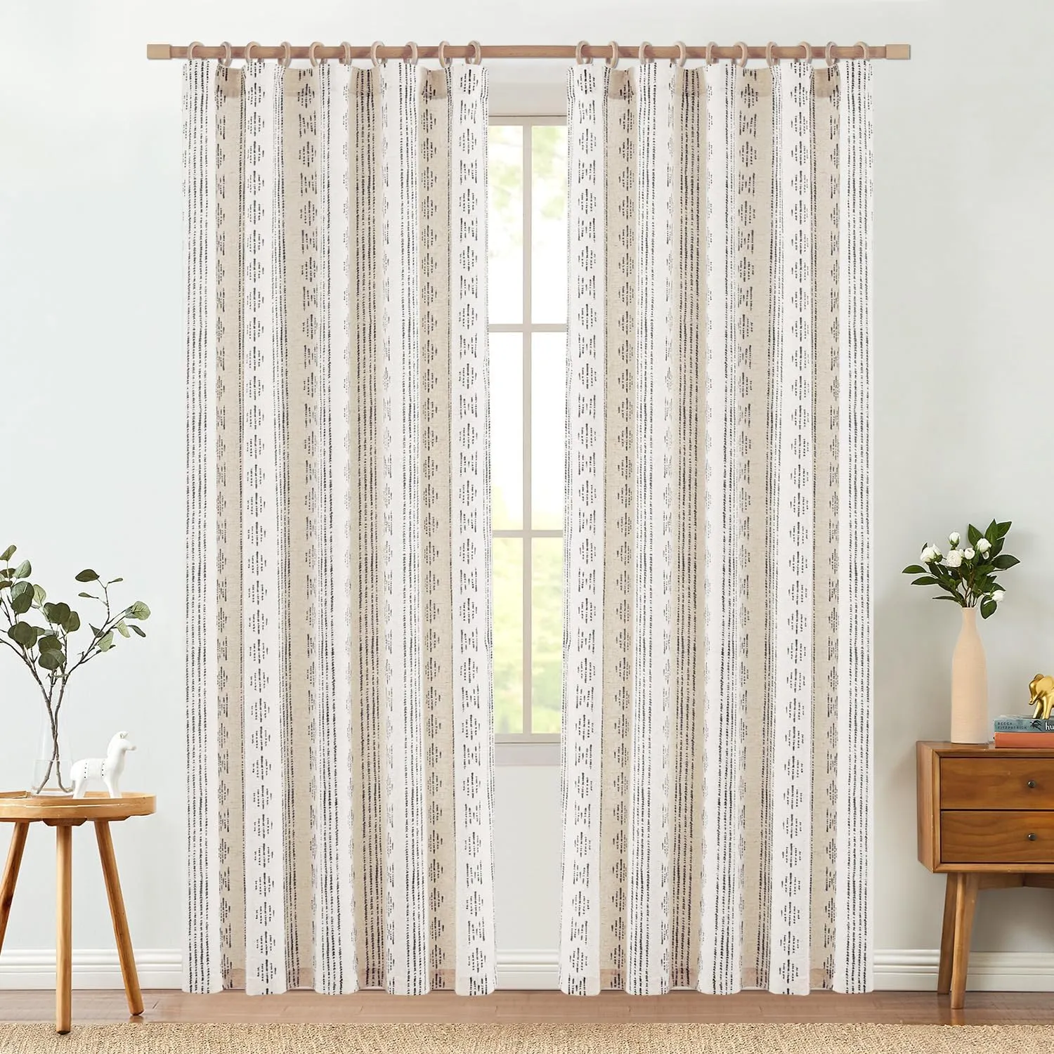 jinchan Boho Curtains for Living Room Farmhouse Black Curtains 84 Inch Length 2 Panels for Bedroom Geometric Striped Mudcloth Light Filtering Window Drapes Rod Pocket Black on Beige