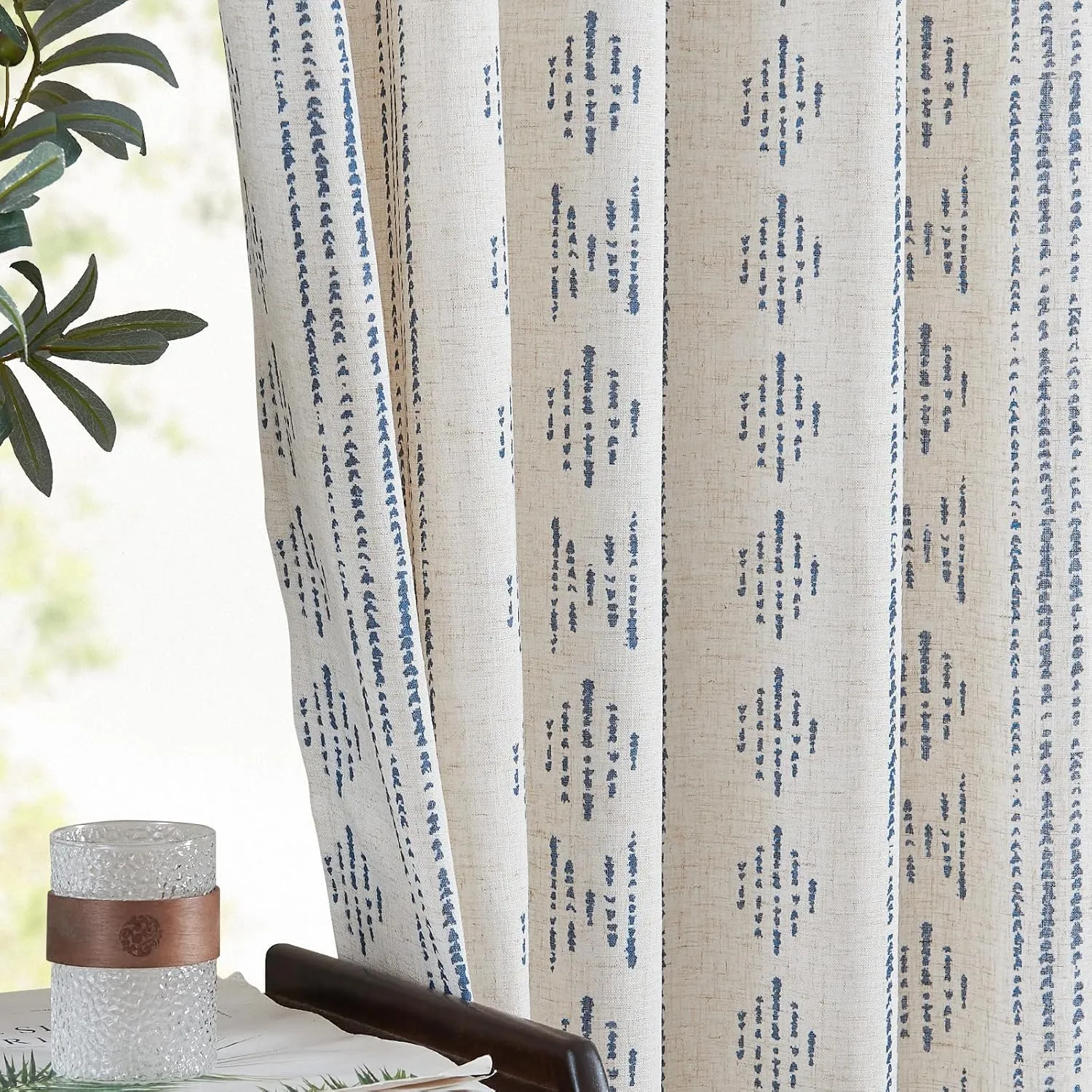 jinchan Boho Curtains for Living Room Farmhouse Blue Curtains 84 Inch Length 2 Panels for Bedroom Geometric Striped Mudcloth Light Filtering Window Drapes Rod Pocket Blue on Beige
