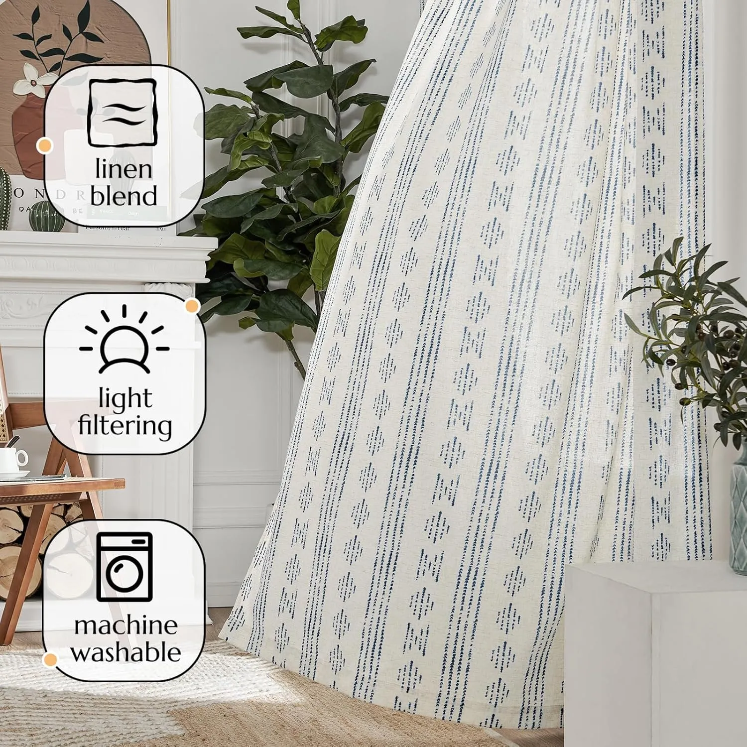 jinchan Boho Curtains for Living Room Farmhouse Blue Curtains 84 Inch Length 2 Panels for Bedroom Geometric Striped Mudcloth Light Filtering Window Drapes Rod Pocket Blue on Beige