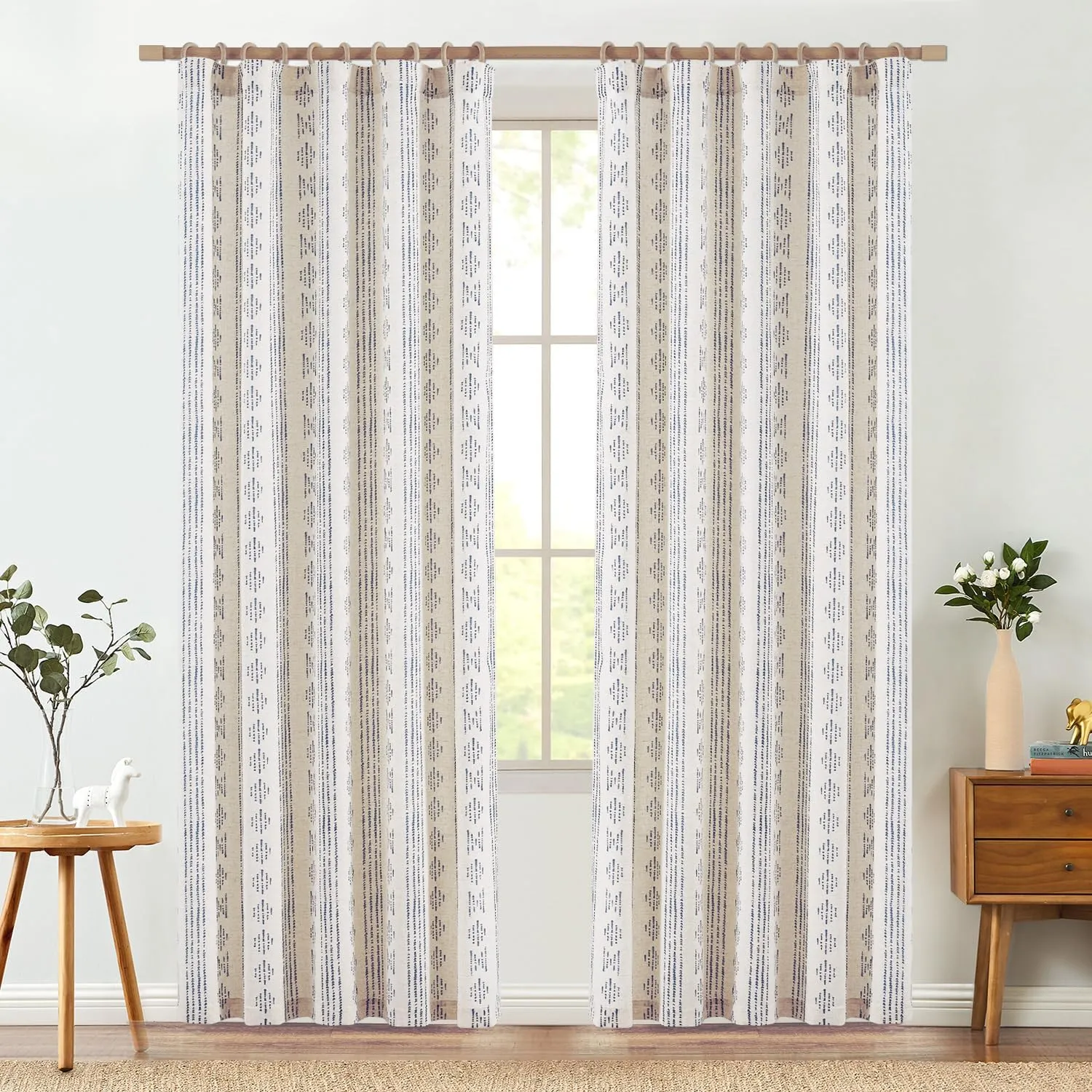 jinchan Boho Curtains for Living Room Farmhouse Blue Curtains 84 Inch Length 2 Panels for Bedroom Geometric Striped Mudcloth Light Filtering Window Drapes Rod Pocket Blue on Beige