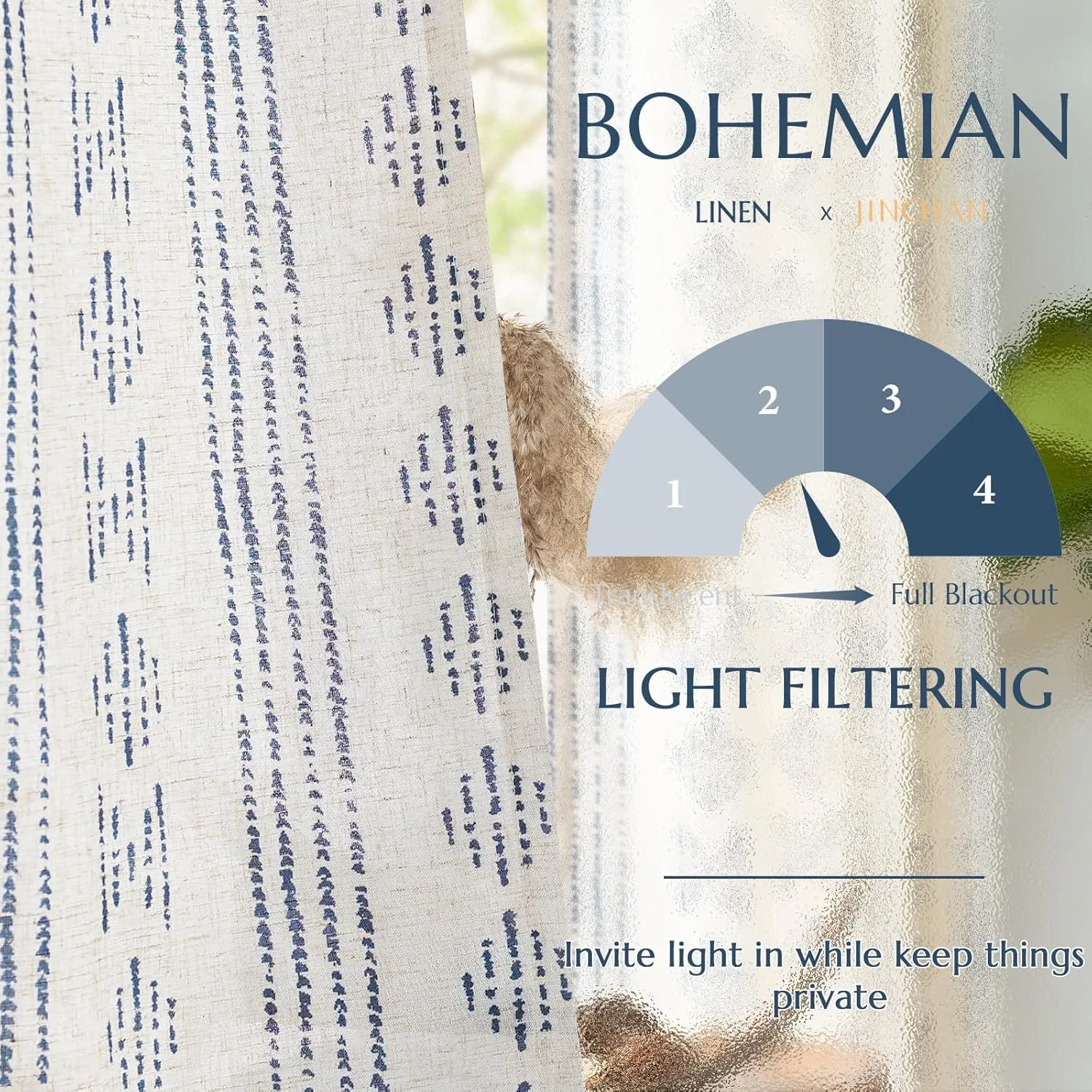 jinchan Boho Curtains for Living Room Farmhouse Blue Curtains 84 Inch Length 2 Panels for Bedroom Geometric Striped Mudcloth Light Filtering Window Drapes Rod Pocket Blue on Beige