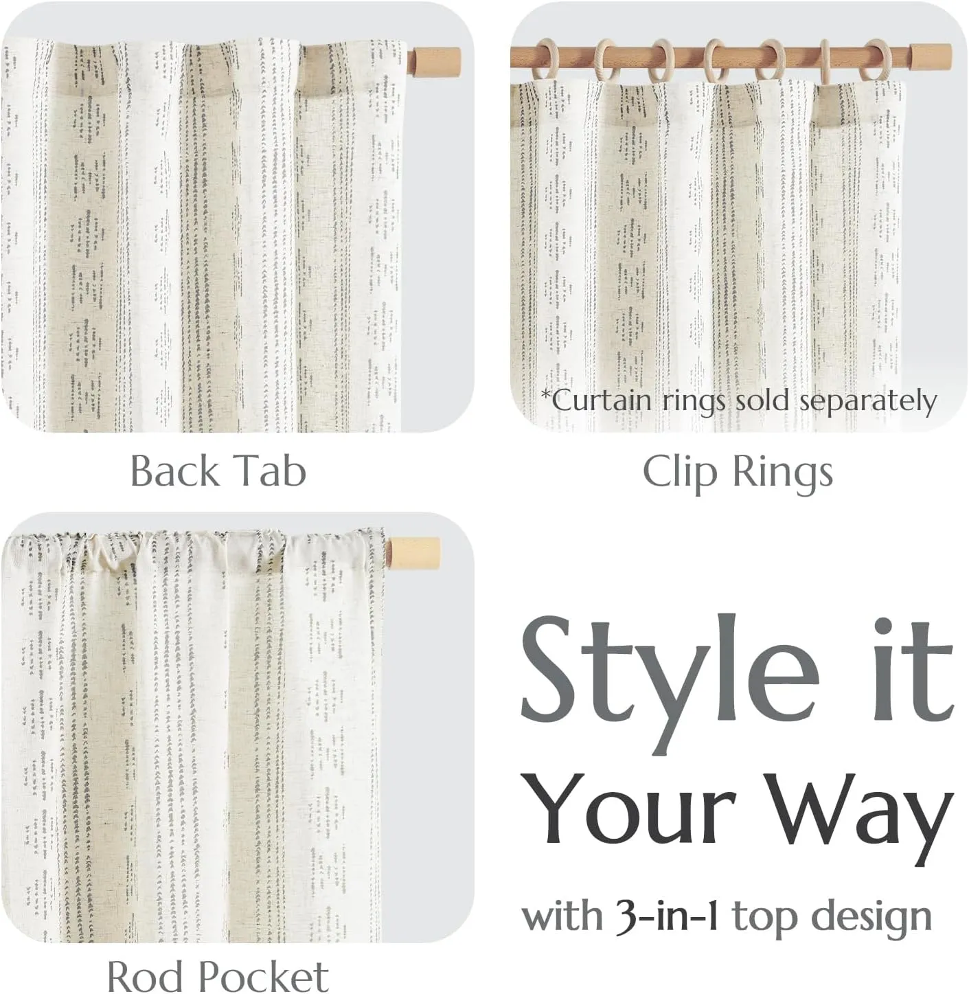 jinchan Boho Curtains Linen Blend Drapes for Bedroom Farmhouse Grey Curtains 84 Inches Long 2 Panels for Living Room Geometric Striped Window Window Treatment Set Rod Pocket Grey on Beige