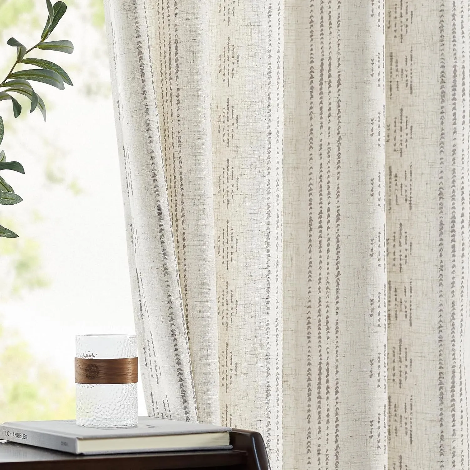 jinchan Boho Curtains Linen Blend Drapes for Bedroom Farmhouse Grey Curtains 84 Inches Long 2 Panels for Living Room Geometric Striped Window Window Treatment Set Rod Pocket Grey on Beige