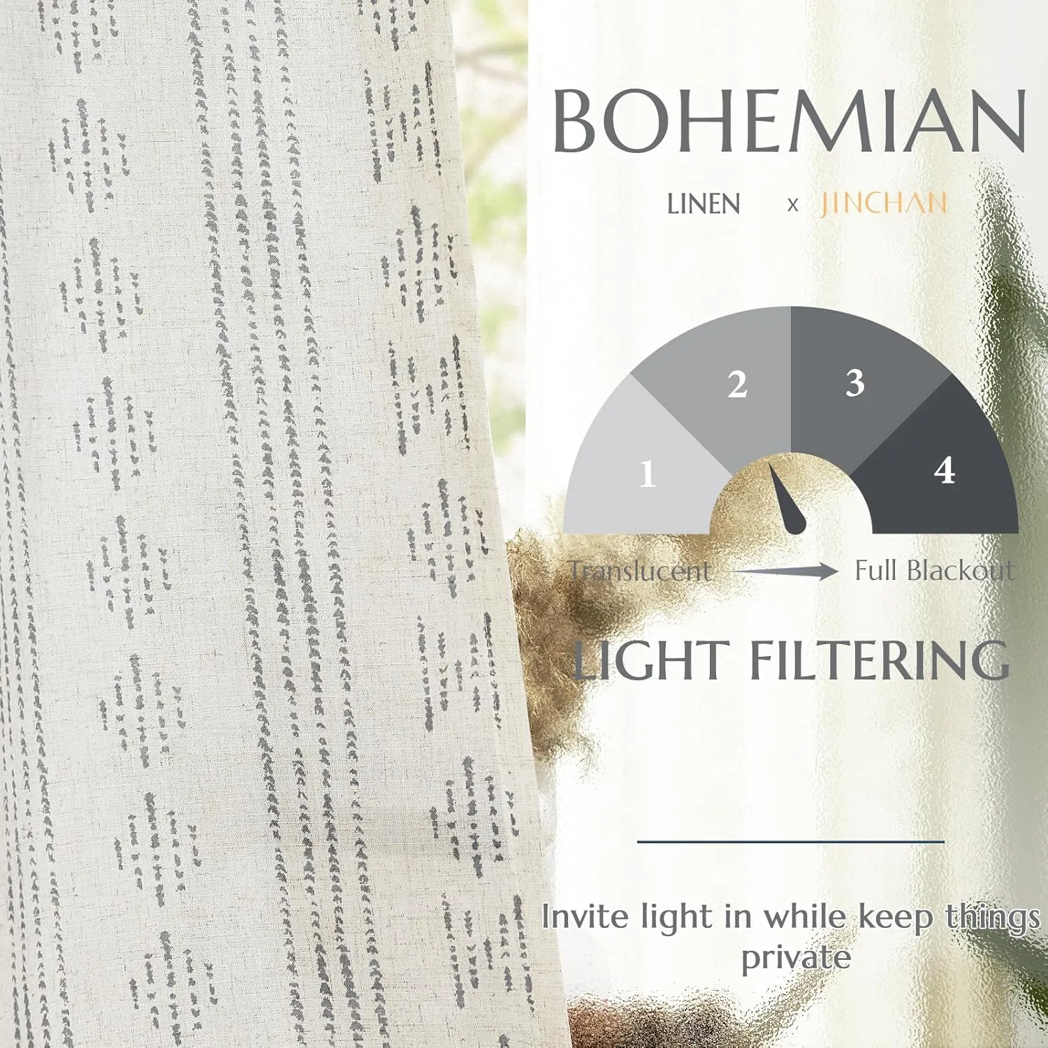 jinchan Boho Curtains Linen Blend Drapes for Bedroom Farmhouse Grey Curtains 84 Inches Long 2 Panels for Living Room Geometric Striped Window Window Treatment Set Rod Pocket Grey on Beige
