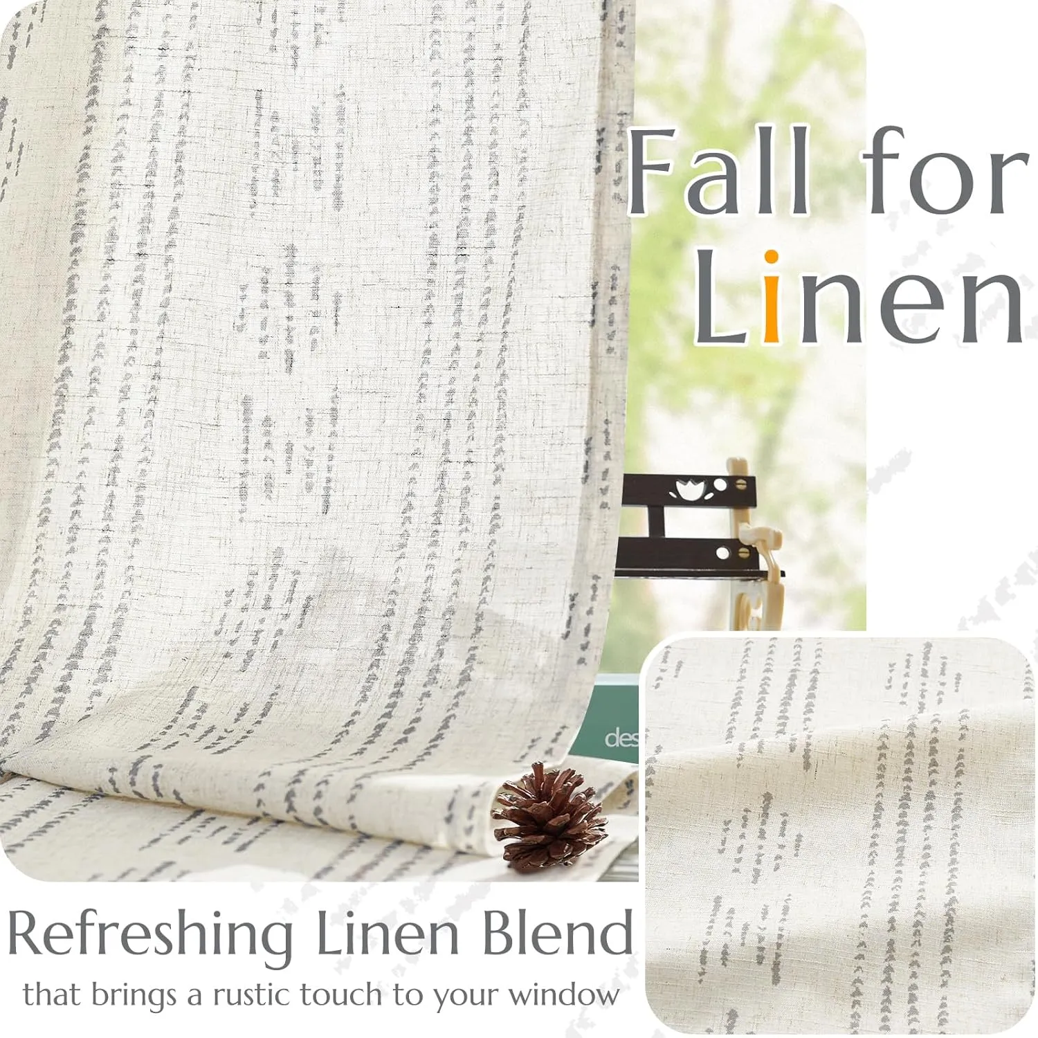 jinchan Boho Curtains Linen Blend Drapes for Bedroom Farmhouse Grey Curtains 84 Inches Long 2 Panels for Living Room Geometric Striped Window Window Treatment Set Rod Pocket Grey on Beige