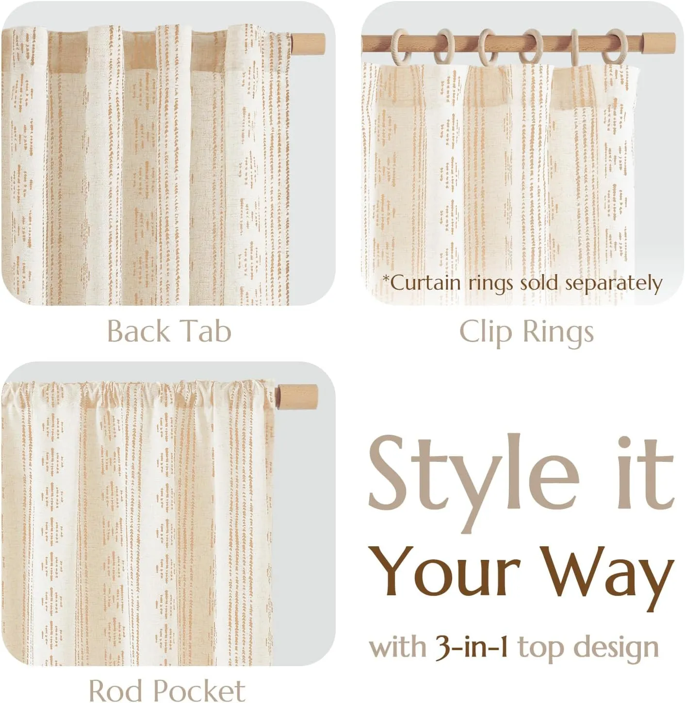 Jinchan Boho Curtains - Living Room Farmhouse Taupe Curtains, 84 Inch Length, 2 Panels for Bedroom, Geometric Striped Mudcloth, Light Filtering, Rod Pocket, Taupe on Beige