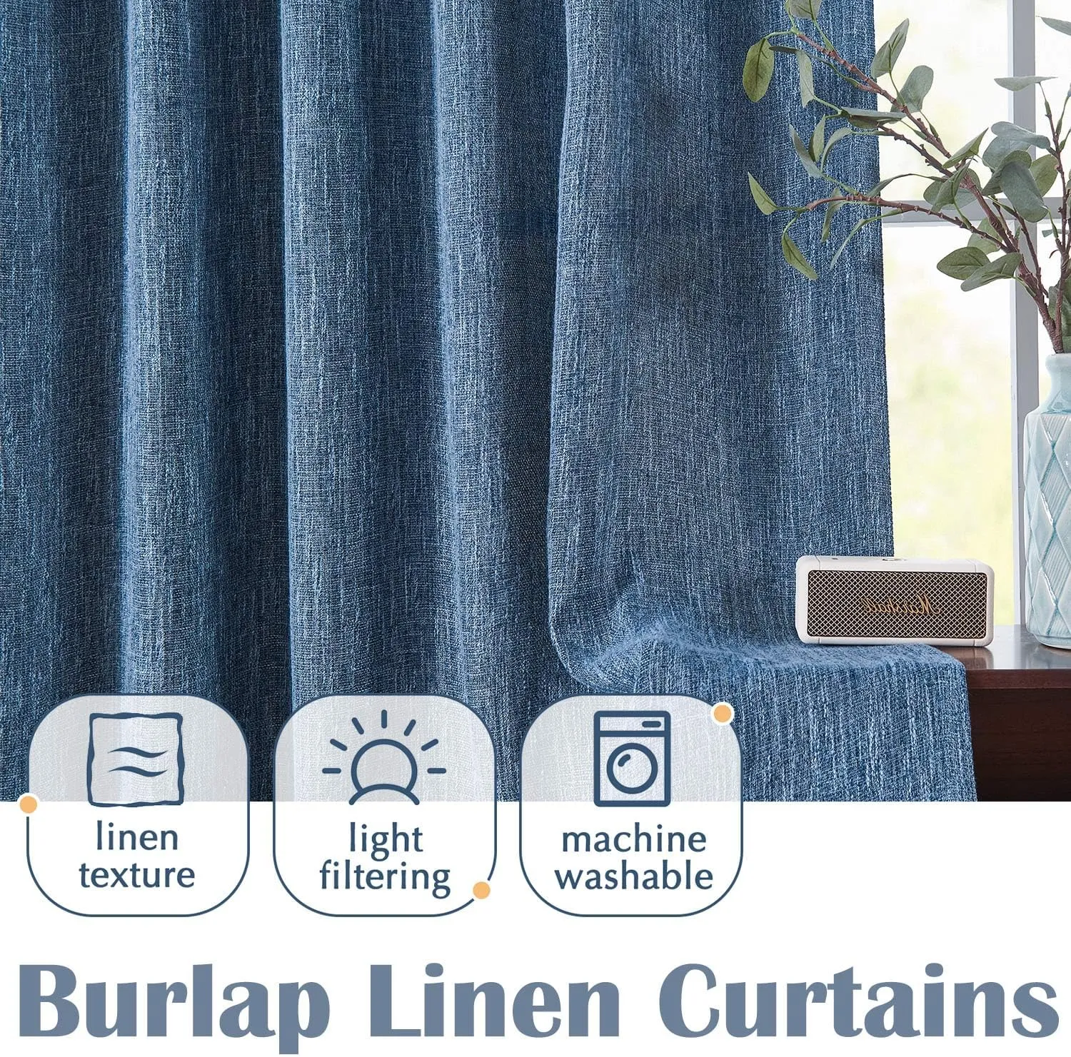 jinchan Burlap Look Curtains 84 Inches Long Textured Curtain for Living Room Light Filtering Farmhouse Drapes Rod Pocket Window Curtain Drape for Bedroom 2 Panels Blue Curtains