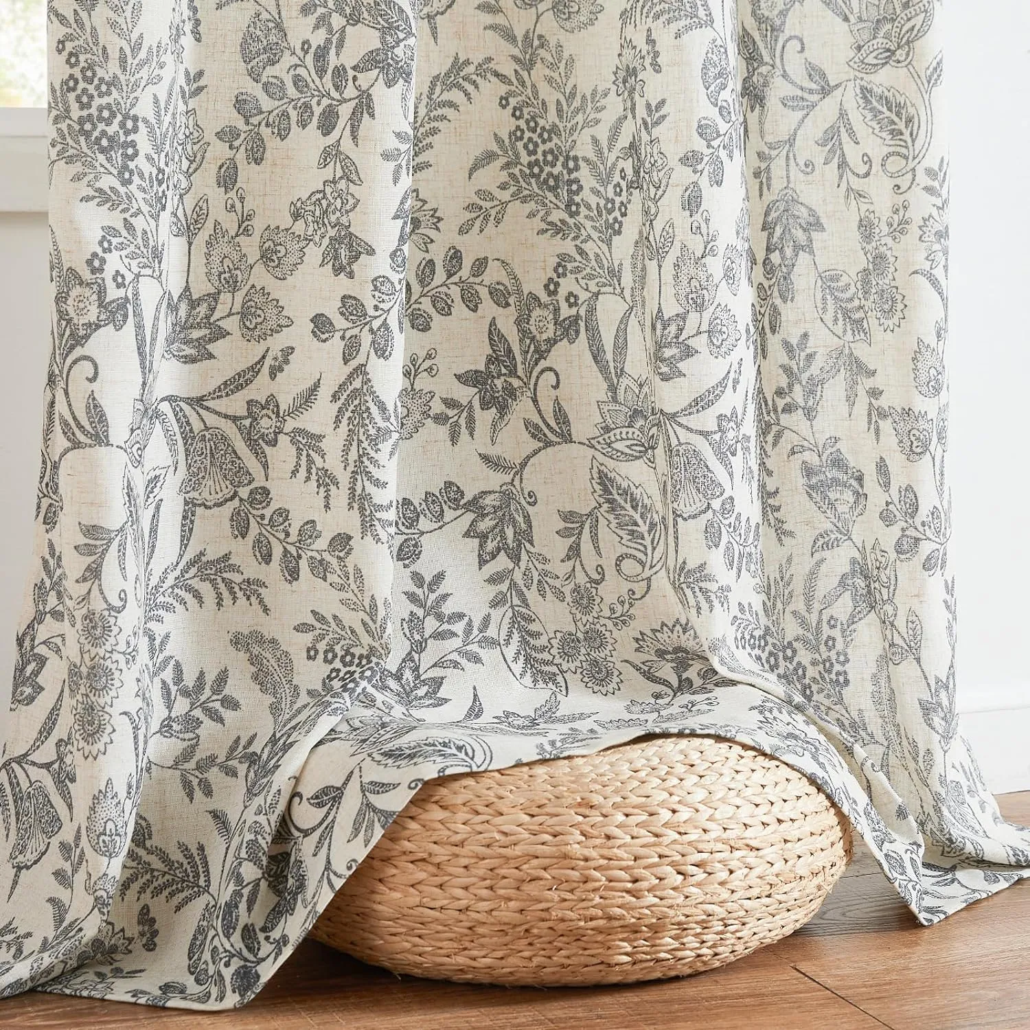 jinchan Floral Linen Blend Curtains for Living Room Black French Country Farmhouse 84 Inch Long Light Filtering Semi Sheer Kitchen Window Back Tab Curtains 2 Panels