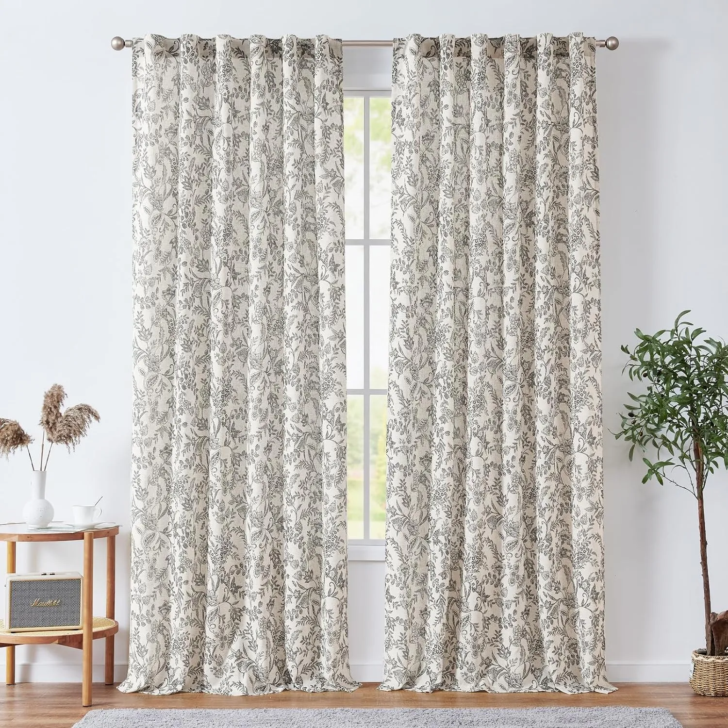 jinchan Floral Linen Blend Curtains for Living Room Black French Country Farmhouse 84 Inch Long Light Filtering Semi Sheer Kitchen Window Back Tab Curtains 2 Panels