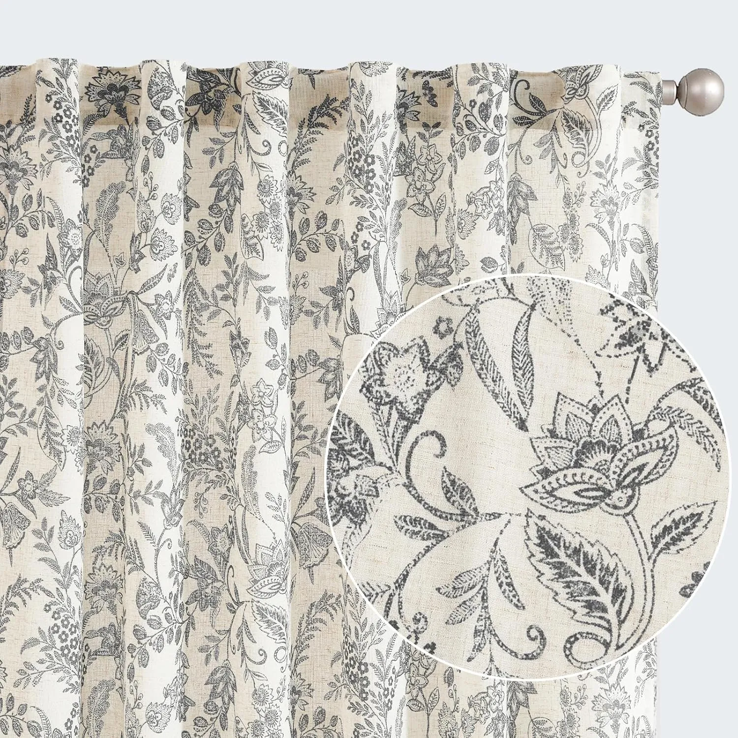 jinchan Floral Linen Blend Curtains for Living Room Black French Country Farmhouse 84 Inch Long Light Filtering Semi Sheer Kitchen Window Back Tab Curtains 2 Panels