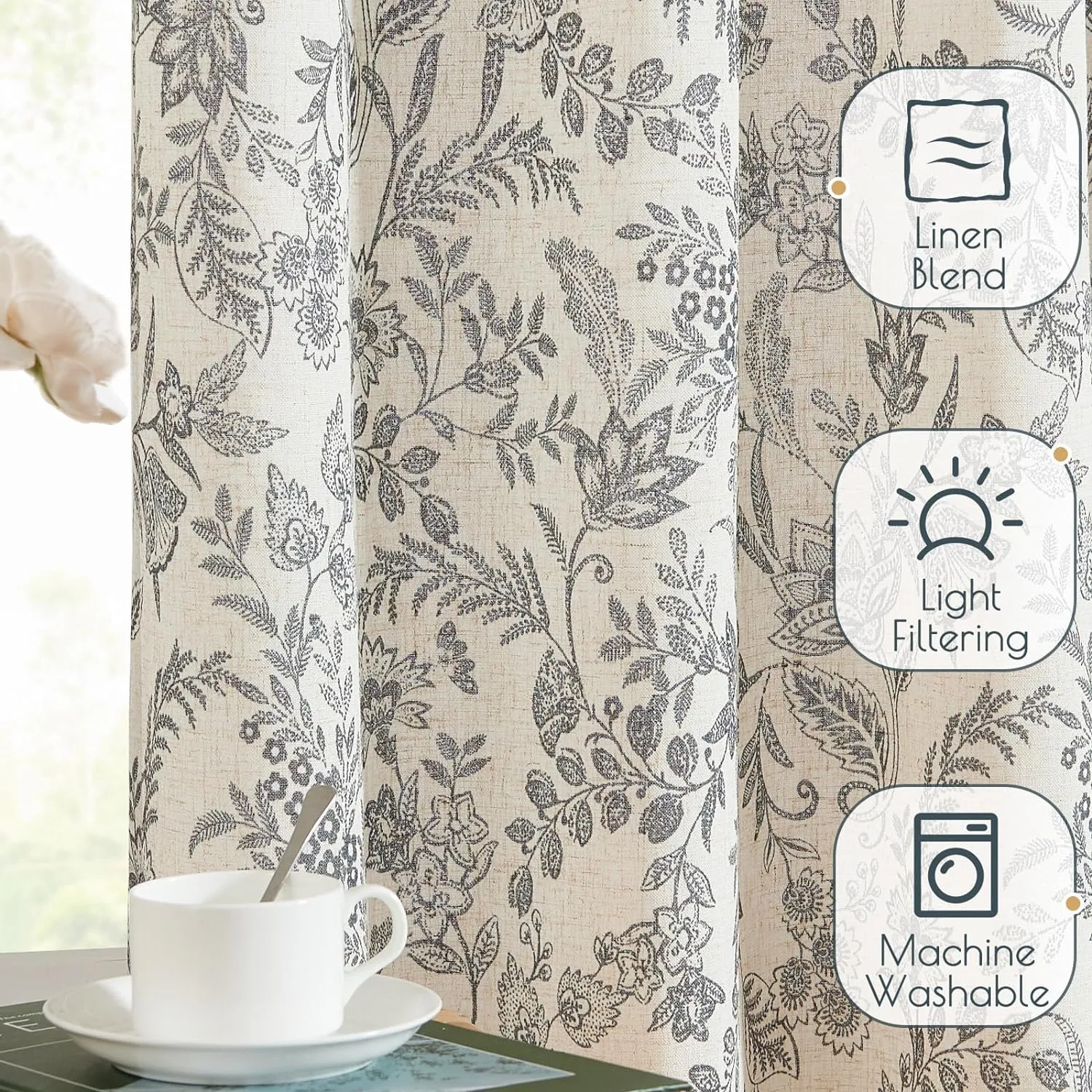 jinchan Floral Linen Blend Curtains for Living Room Black French Country Farmhouse 84 Inch Long Light Filtering Semi Sheer Kitchen Window Back Tab Curtains 2 Panels