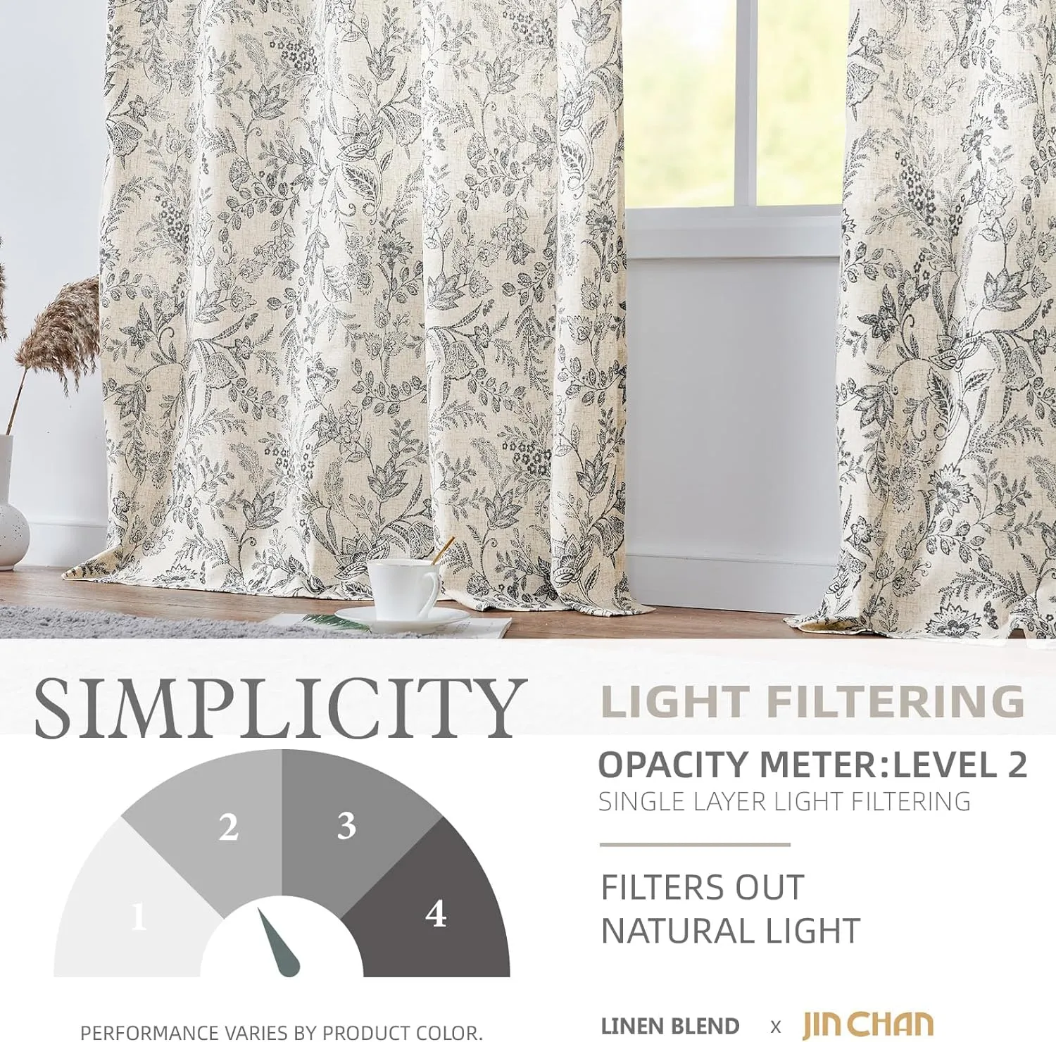 jinchan Floral Linen Blend Curtains for Living Room Black French Country Farmhouse 84 Inch Long Light Filtering Semi Sheer Kitchen Window Back Tab Curtains 2 Panels