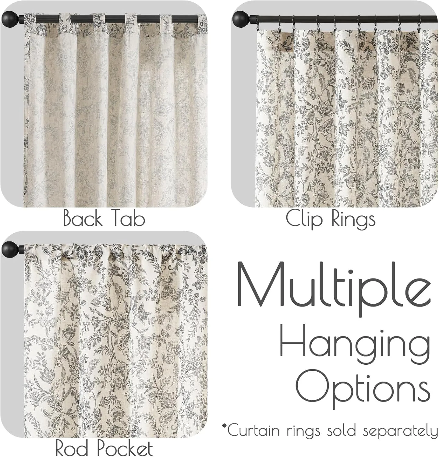 jinchan Floral Linen Blend Curtains for Living Room Black French Country Farmhouse 84 Inch Long Light Filtering Semi Sheer Kitchen Window Back Tab Curtains 2 Panels
