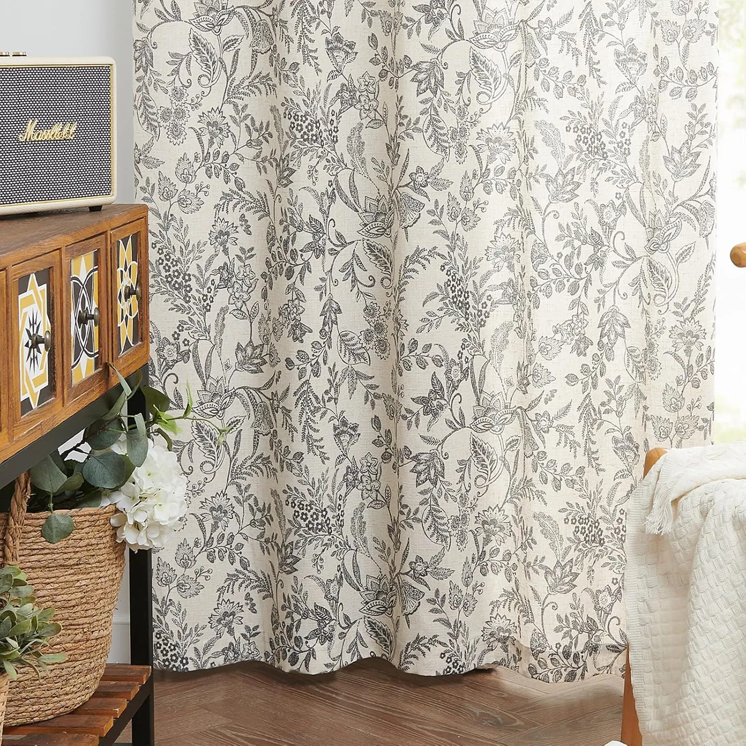 jinchan Floral Linen Blend Curtains for Living Room Black French Country Farmhouse 84 Inch Long Light Filtering Semi Sheer Kitchen Window Back Tab Curtains 2 Panels