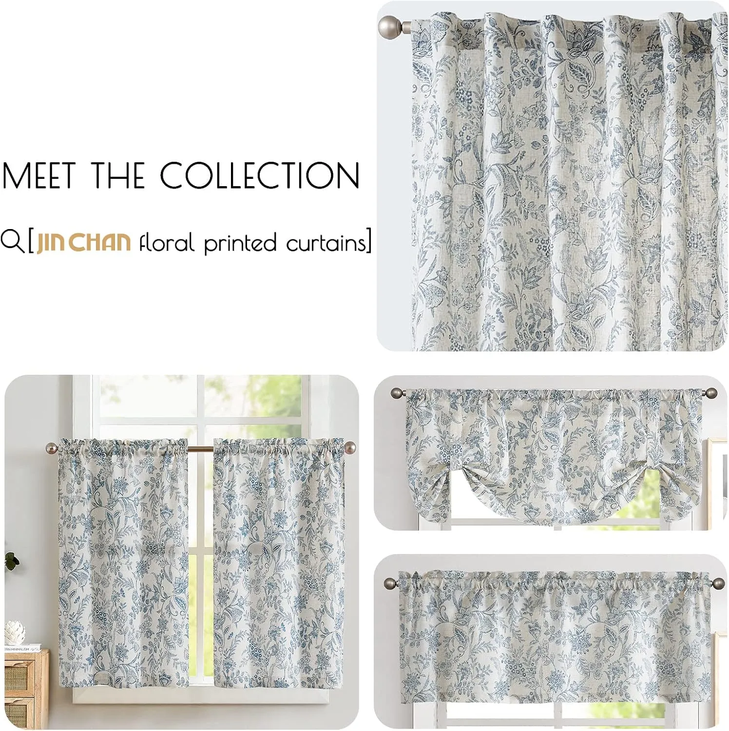 jinchan Floral Linen Blend Curtains for Living Room Blue French Country Farmhouse Curtains 84 Inches Long Light Filtering Kitchen Window Back Tab Semi Sheer 2 Panels