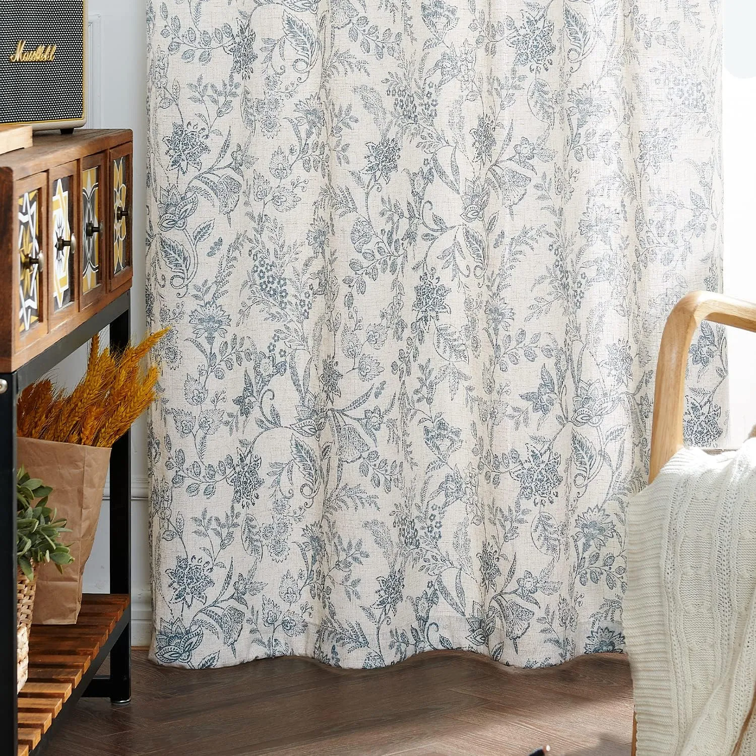jinchan Floral Linen Blend Curtains for Living Room Blue French Country Farmhouse Curtains 84 Inches Long Light Filtering Kitchen Window Back Tab Semi Sheer 2 Panels