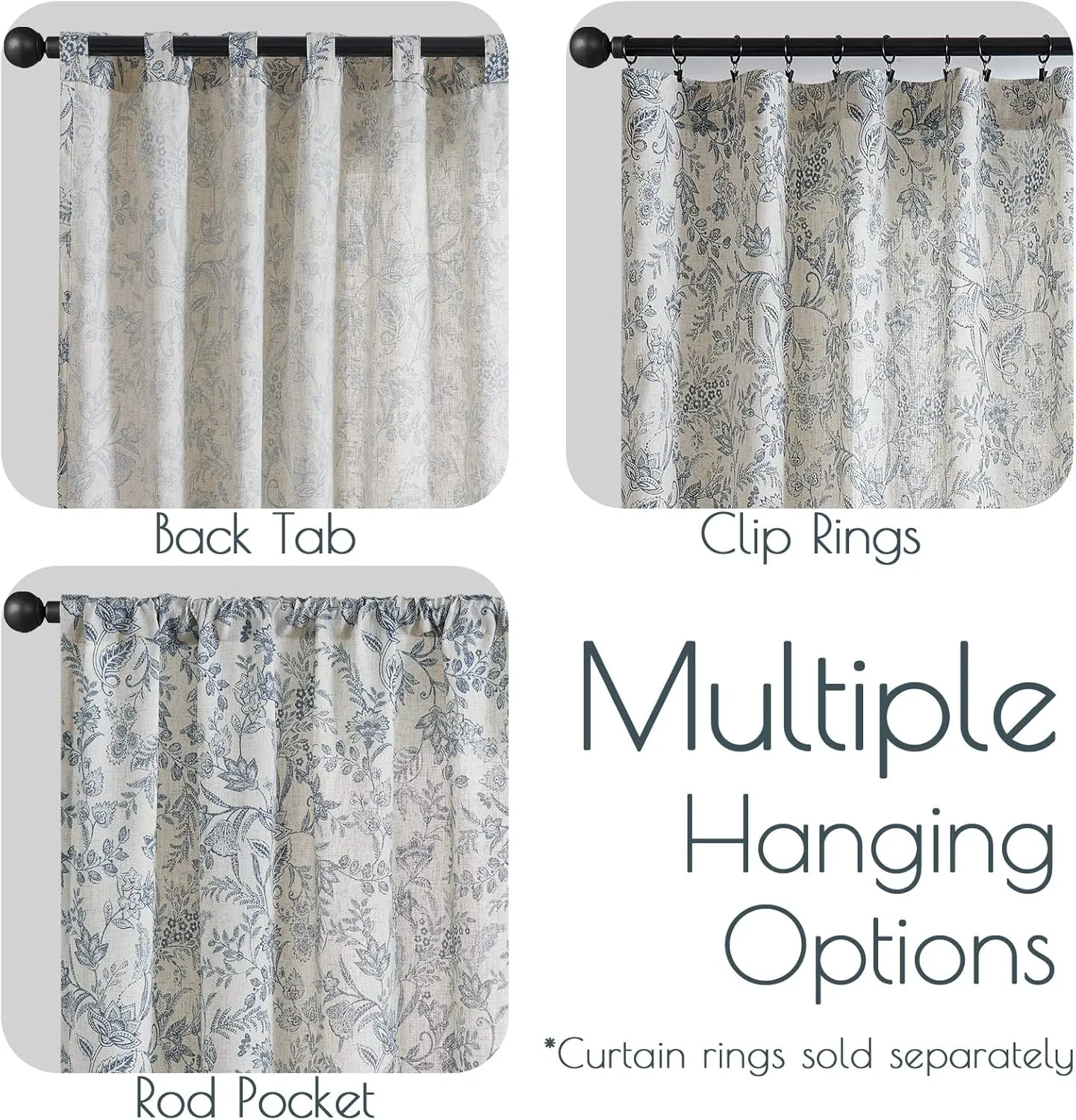 jinchan Floral Linen Blend Curtains for Living Room Blue French Country Farmhouse Curtains 84 Inches Long Light Filtering Kitchen Window Back Tab Semi Sheer 2 Panels