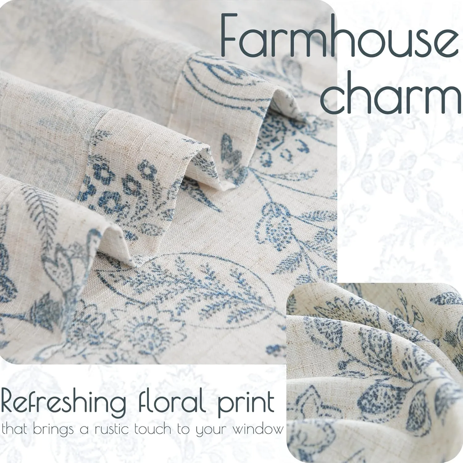 jinchan Floral Linen Blend Curtains for Living Room Blue French Country Farmhouse Curtains 84 Inches Long Light Filtering Kitchen Window Back Tab Semi Sheer 2 Panels