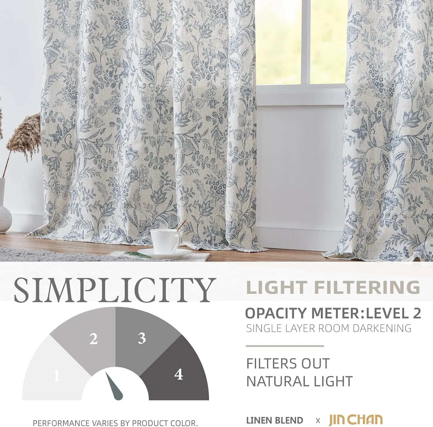 jinchan Floral Linen Blend Curtains for Living Room Blue French Country Farmhouse Curtains 84 Inches Long Light Filtering Kitchen Window Back Tab Semi Sheer 2 Panels