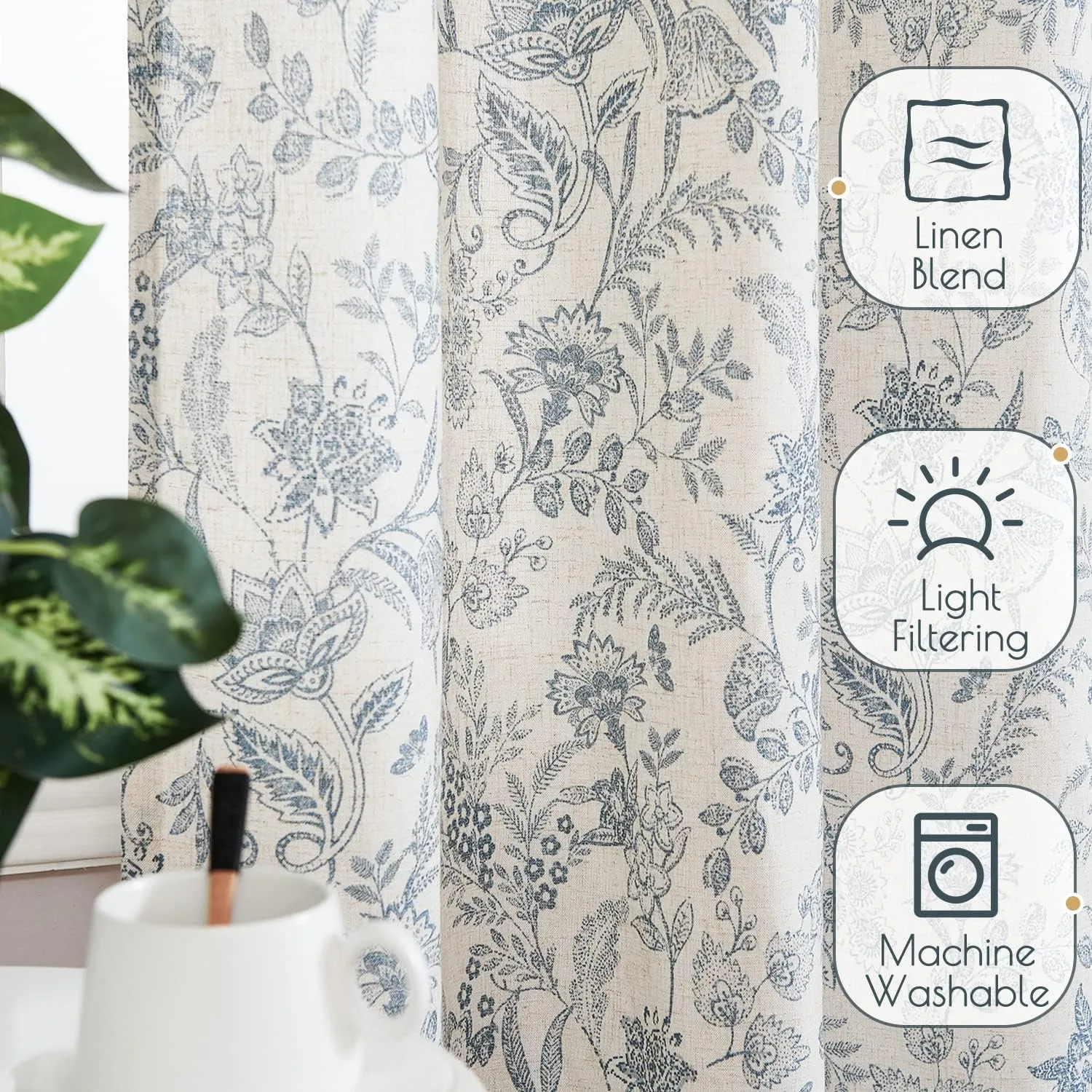 jinchan Floral Linen Blend Curtains for Living Room Blue French Country Farmhouse Curtains 84 Inches Long Light Filtering Kitchen Window Back Tab Semi Sheer 2 Panels