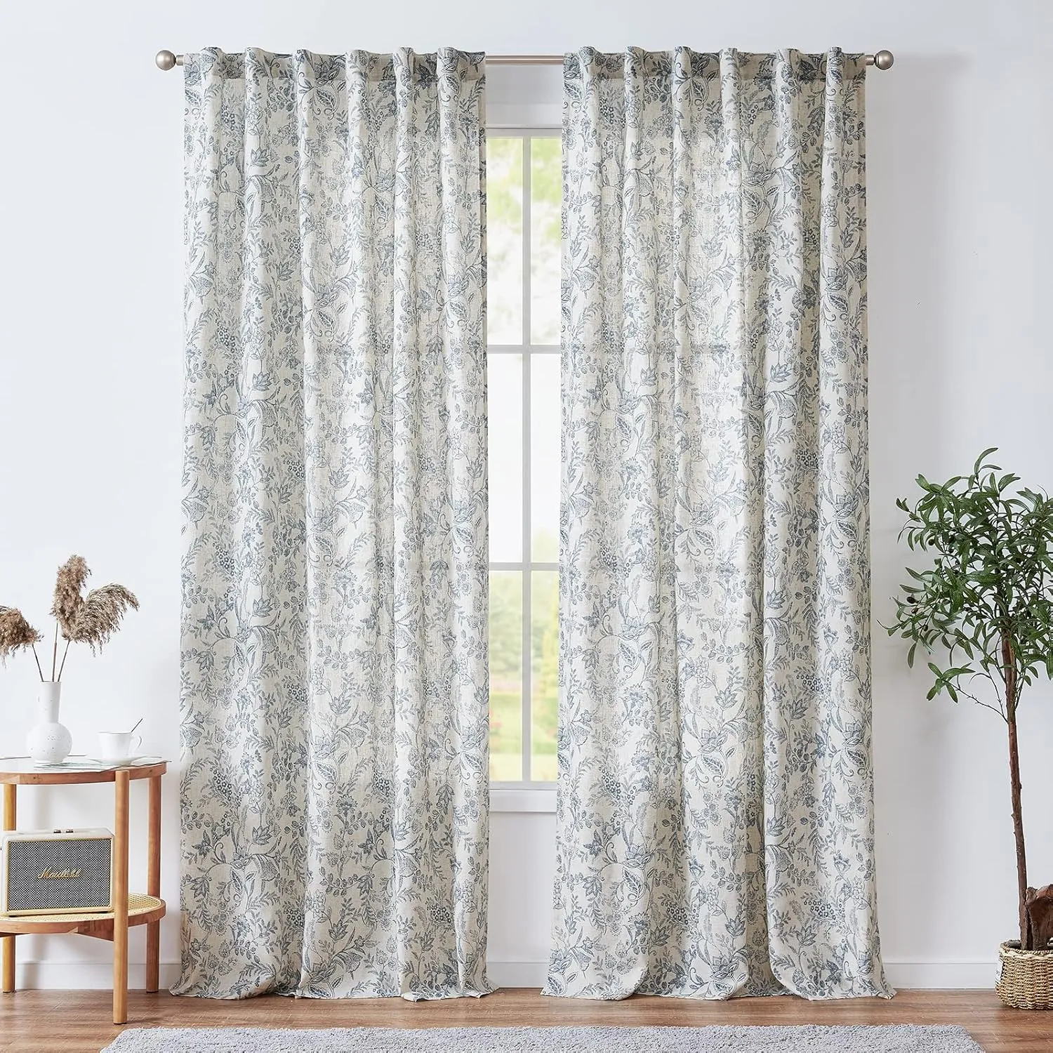 jinchan Floral Linen Blend Curtains for Living Room Blue French Country Farmhouse Curtains 84 Inches Long Light Filtering Kitchen Window Back Tab Semi Sheer 2 Panels