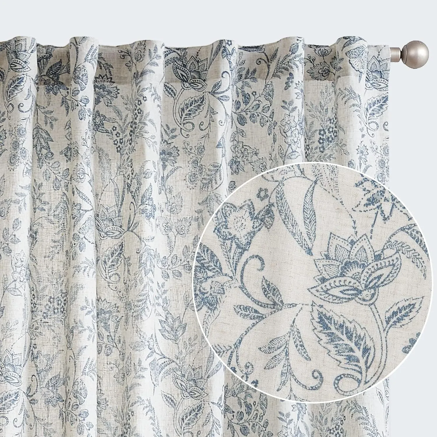 jinchan Floral Linen Blend Curtains for Living Room Blue French Country Farmhouse Curtains 84 Inches Long Light Filtering Kitchen Window Back Tab Semi Sheer 2 Panels