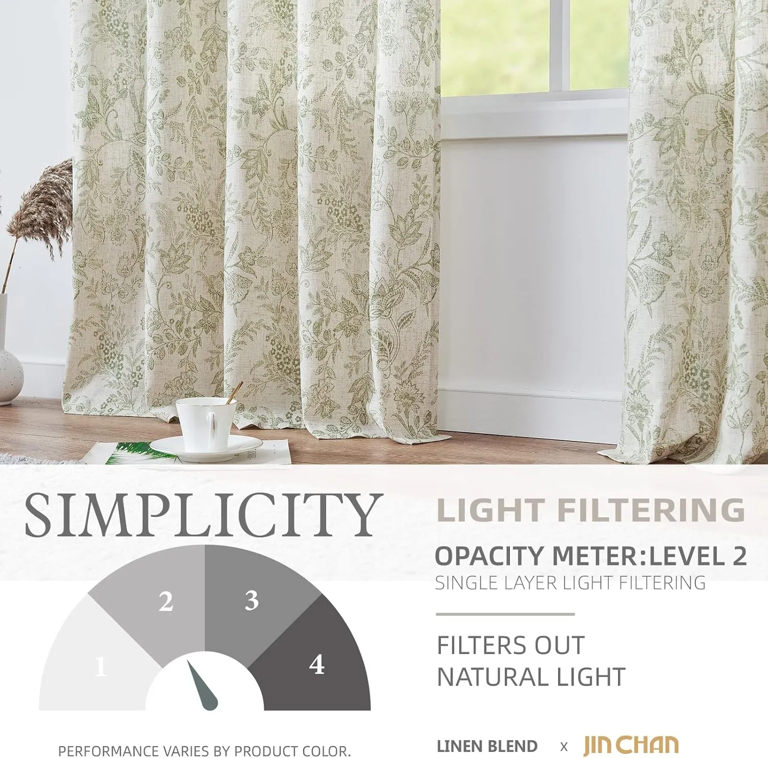 jinchan Floral Linen Blend Curtains for Living Room Green French Country Farmhouse 84 Inch Long Light Filtering Semi Sheer Kitchen Window Back Tab Curtains 2 Panels