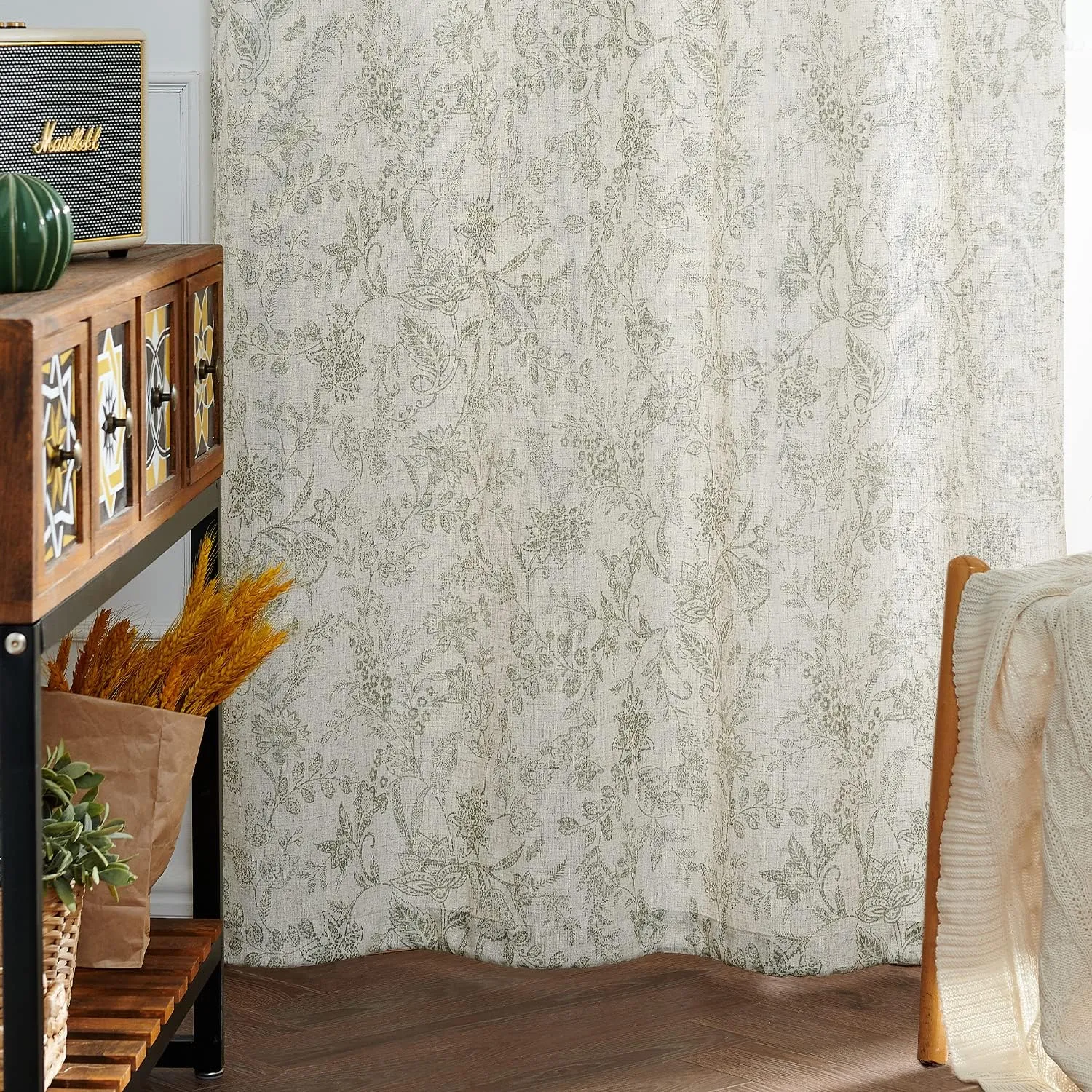 jinchan Floral Linen Blend Curtains for Living Room Green French Country Farmhouse 84 Inch Long Light Filtering Semi Sheer Kitchen Window Back Tab Curtains 2 Panels