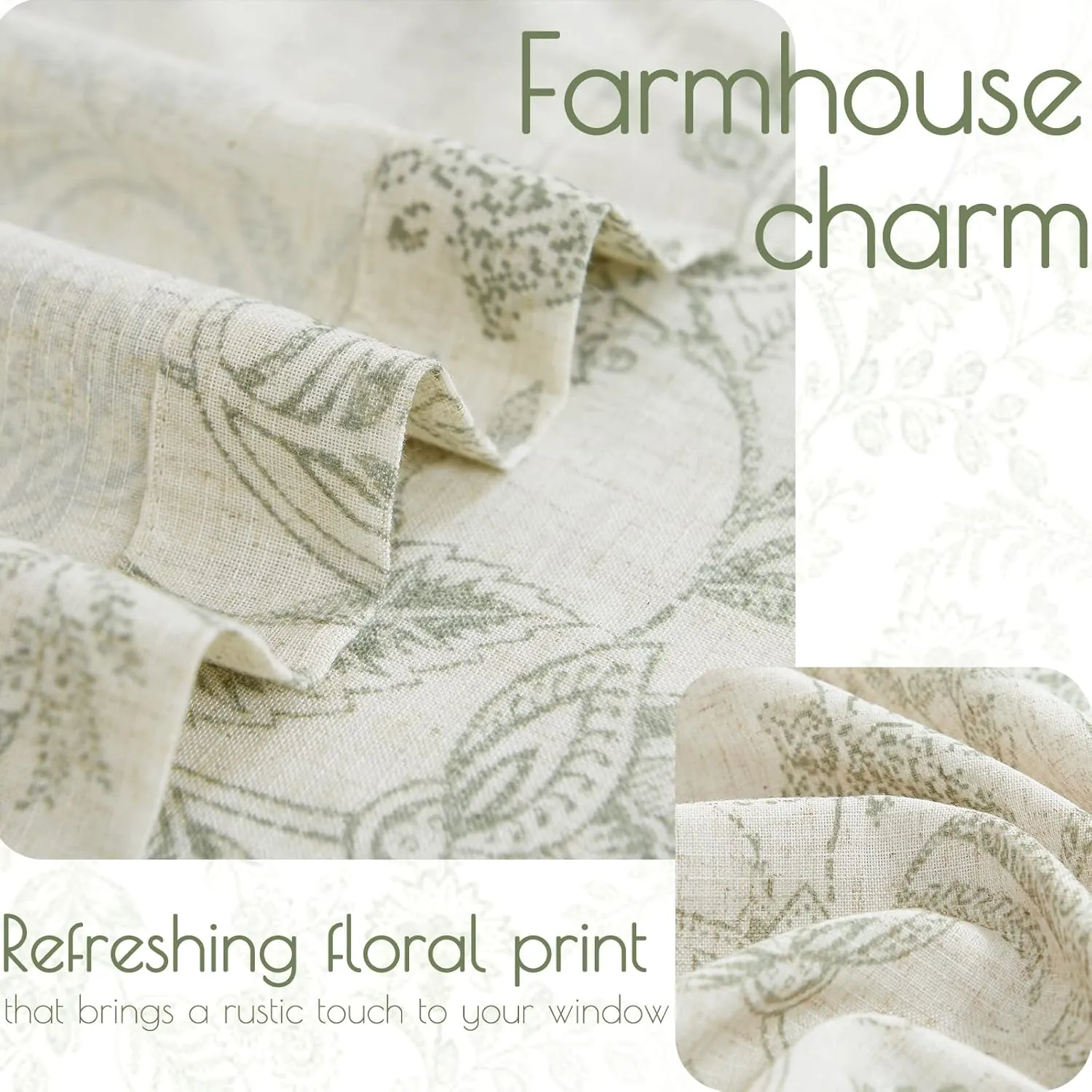 jinchan Floral Linen Blend Curtains for Living Room Green French Country Farmhouse 84 Inch Long Light Filtering Semi Sheer Kitchen Window Back Tab Curtains 2 Panels
