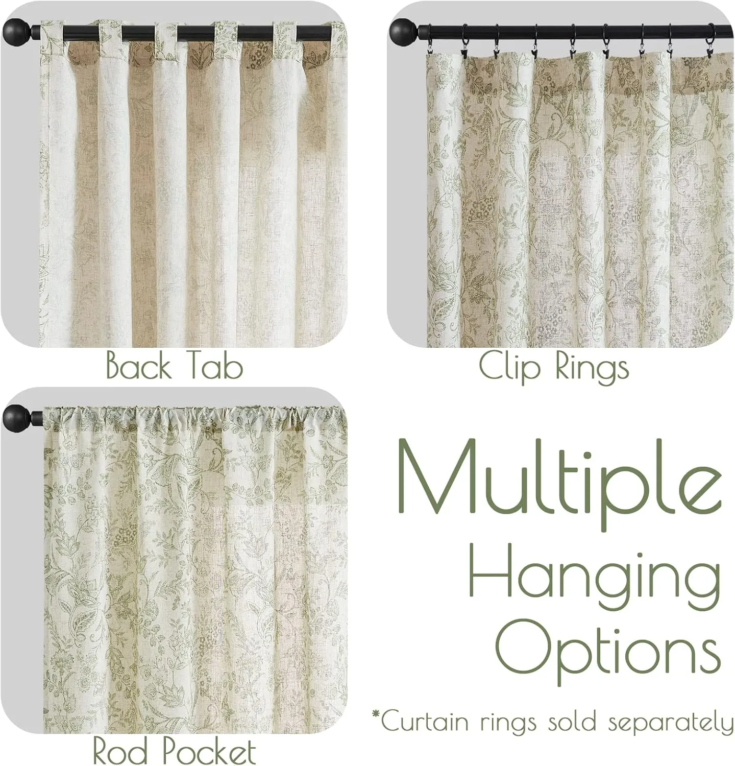 jinchan Floral Linen Blend Curtains for Living Room Green French Country Farmhouse 84 Inch Long Light Filtering Semi Sheer Kitchen Window Back Tab Curtains 2 Panels