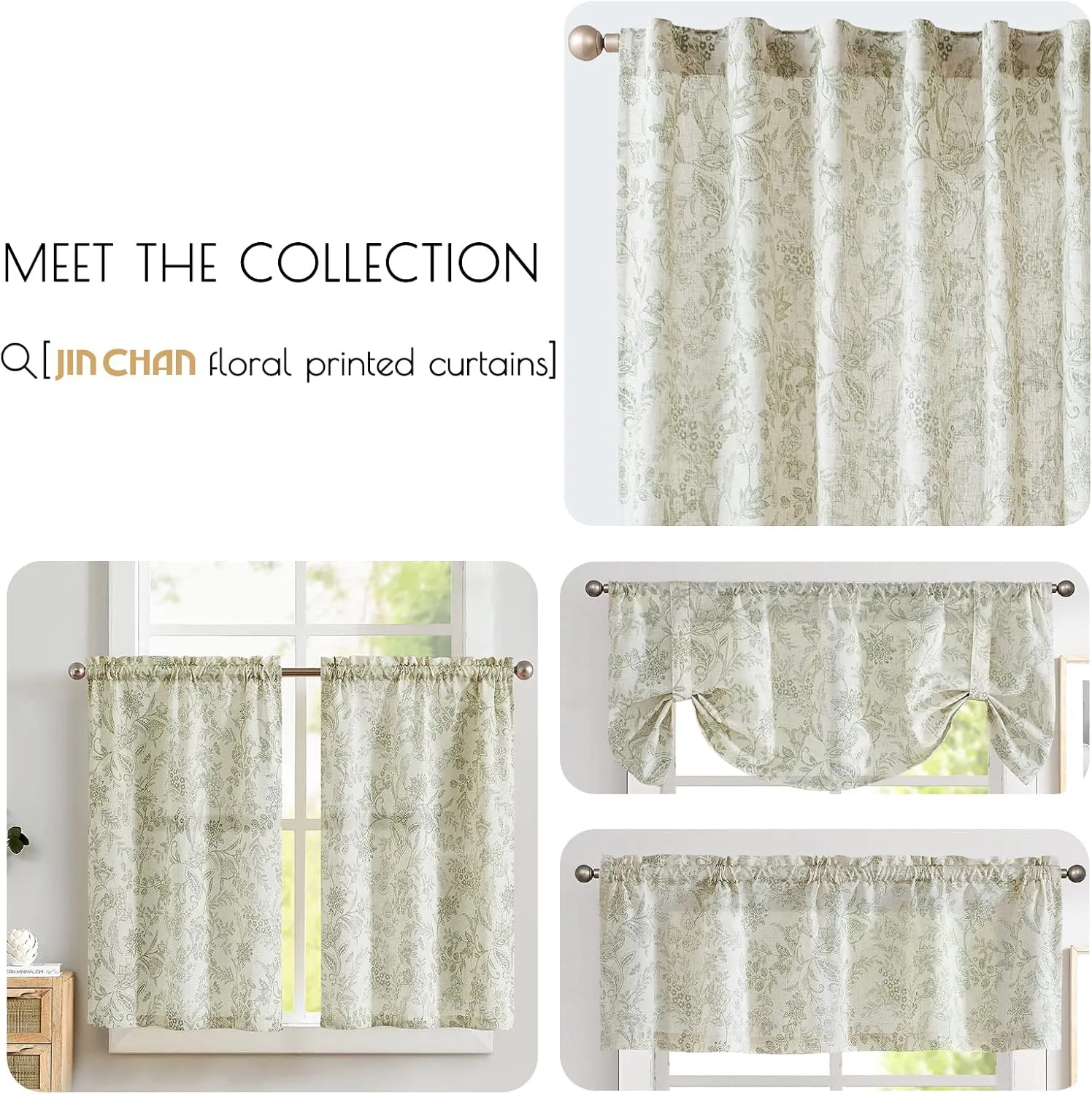 jinchan Floral Linen Blend Curtains for Living Room Green French Country Farmhouse 84 Inch Long Light Filtering Semi Sheer Kitchen Window Back Tab Curtains 2 Panels