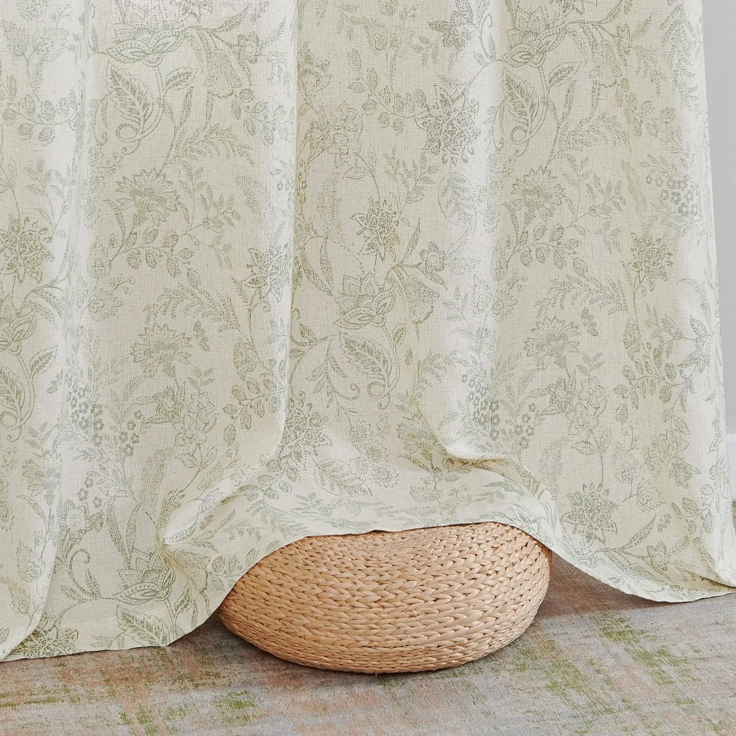 jinchan Floral Linen Blend Curtains for Living Room Green French Country Farmhouse 84 Inch Long Light Filtering Semi Sheer Kitchen Window Back Tab Curtains 2 Panels