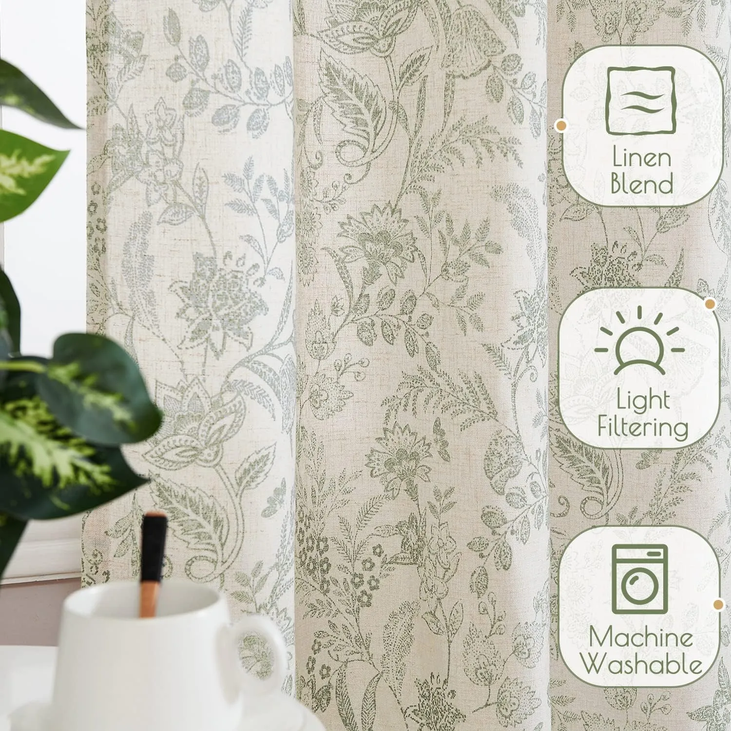 jinchan Floral Linen Blend Curtains for Living Room Green French Country Farmhouse 84 Inch Long Light Filtering Semi Sheer Kitchen Window Back Tab Curtains 2 Panels