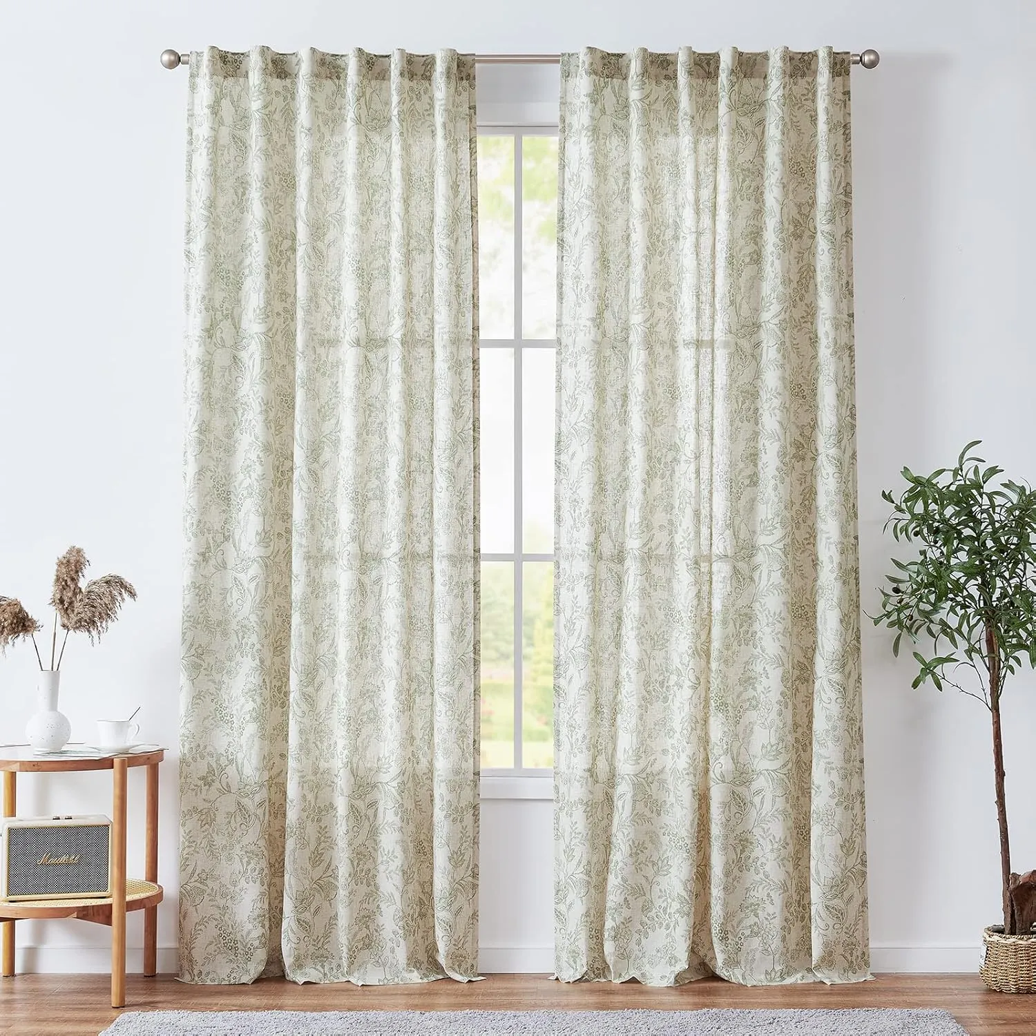 jinchan Floral Linen Blend Curtains for Living Room Green French Country Farmhouse 84 Inch Long Light Filtering Semi Sheer Kitchen Window Back Tab Curtains 2 Panels