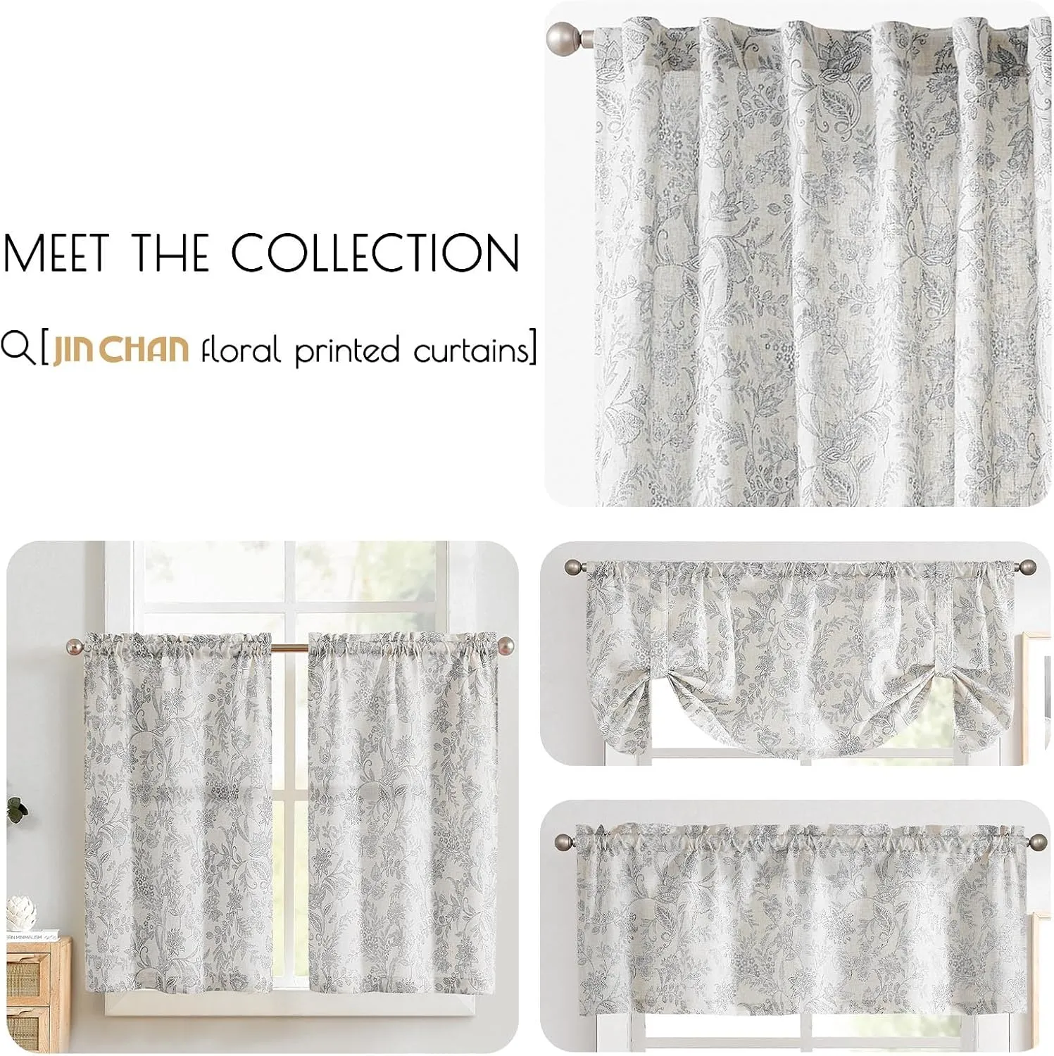 jinchan Floral Linen Blend Curtains for Living Room Grey French Country Farmhouse Curtains 96 Inches Long Light Filtering Kitchen Window Back Tab Semi Sheer 2 Panels