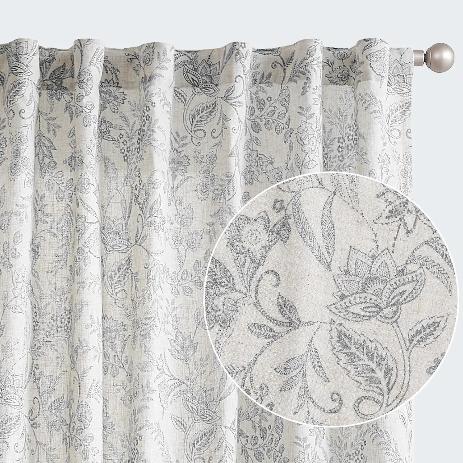 jinchan Floral Linen Blend Curtains for Living Room Grey French Country Farmhouse Curtains 96 Inches Long Light Filtering Kitchen Window Back Tab Semi Sheer 2 Panels