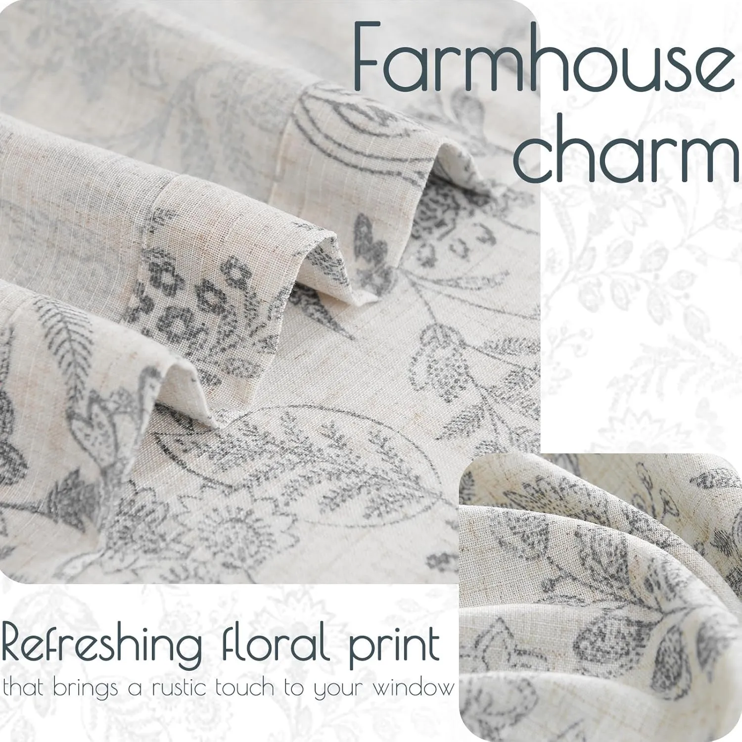 jinchan Floral Linen Blend Curtains for Living Room Grey French Country Farmhouse Curtains 96 Inches Long Light Filtering Kitchen Window Back Tab Semi Sheer 2 Panels