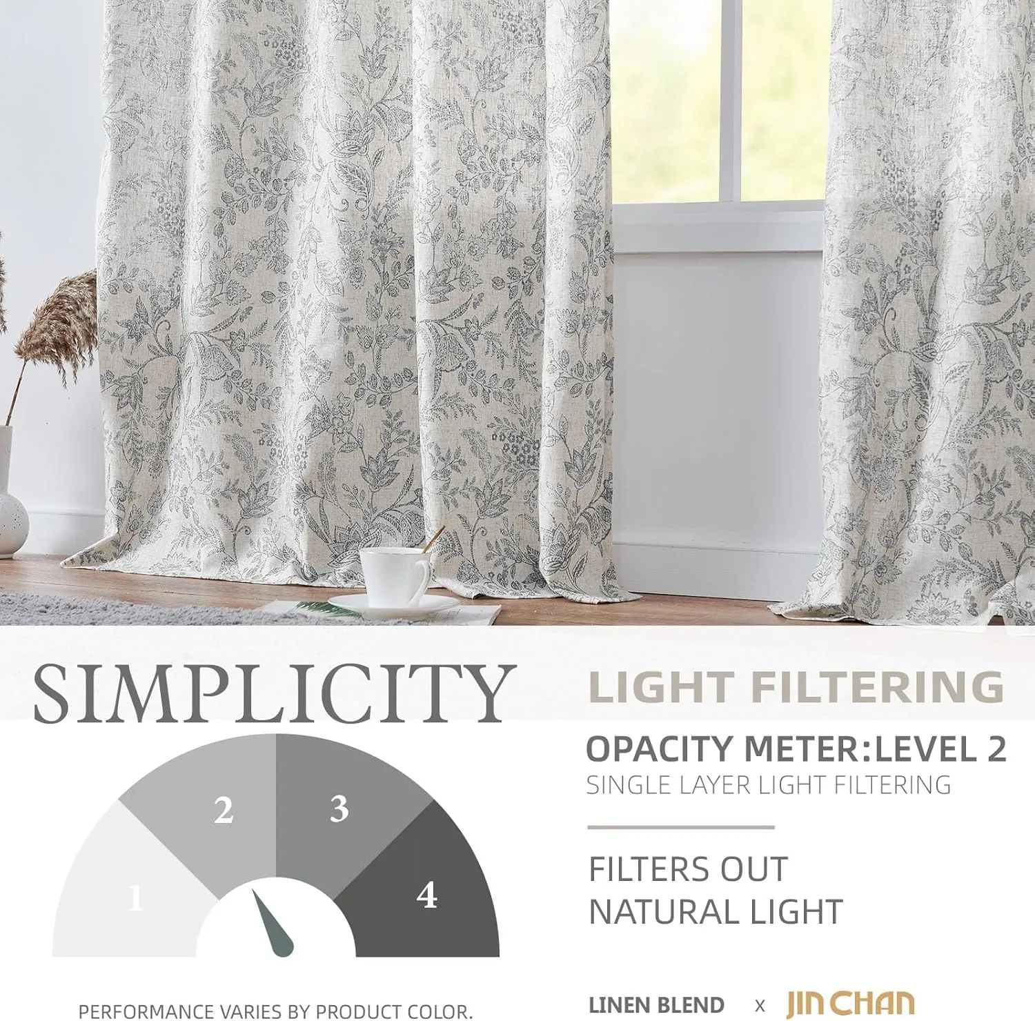 jinchan Floral Linen Blend Curtains for Living Room Grey French Country Farmhouse Curtains 96 Inches Long Light Filtering Kitchen Window Back Tab Semi Sheer 2 Panels