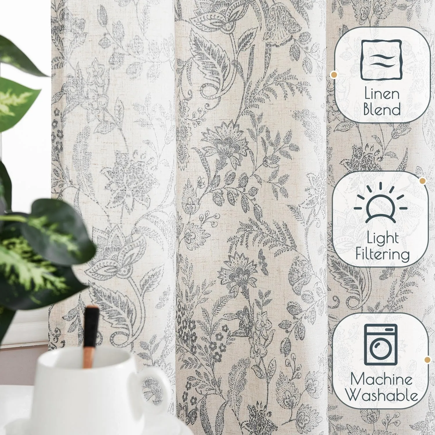 jinchan Floral Linen Blend Curtains for Living Room Grey French Country Farmhouse Curtains 96 Inches Long Light Filtering Kitchen Window Back Tab Semi Sheer 2 Panels